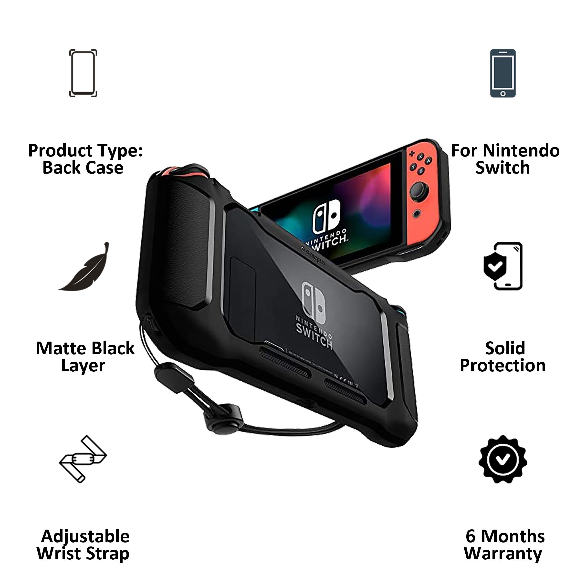 spigen Rugged Armor PC & TPU Back Case For Nintendo Switch (Added Texture Around Control Stations, ACS01228, Matte Black)_2