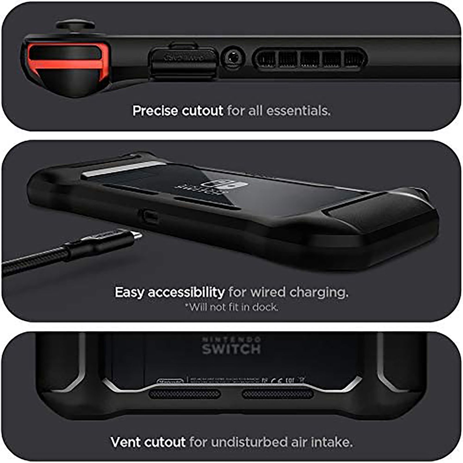 spigen Rugged Armor PC & TPU Back Case For Nintendo Switch (Added Texture Around Control Stations, ACS01228, Matte Black)_4