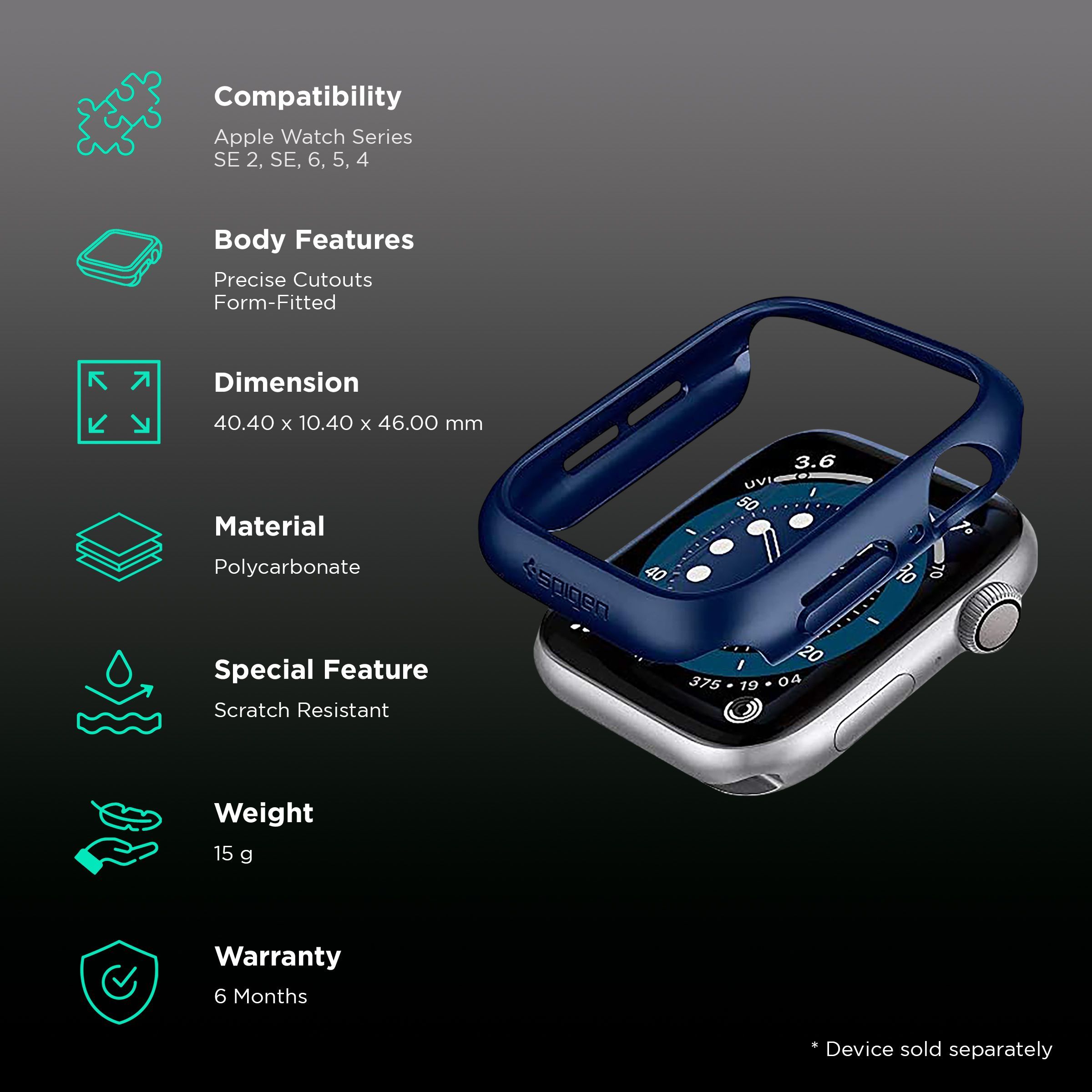 Spigen Thin Fit Polycarbonate Case for Apple Watch Series SE 2, SE, 6, 5 & 4 (44mm) (Razor-Thin Frame, Metallic Blue)_2