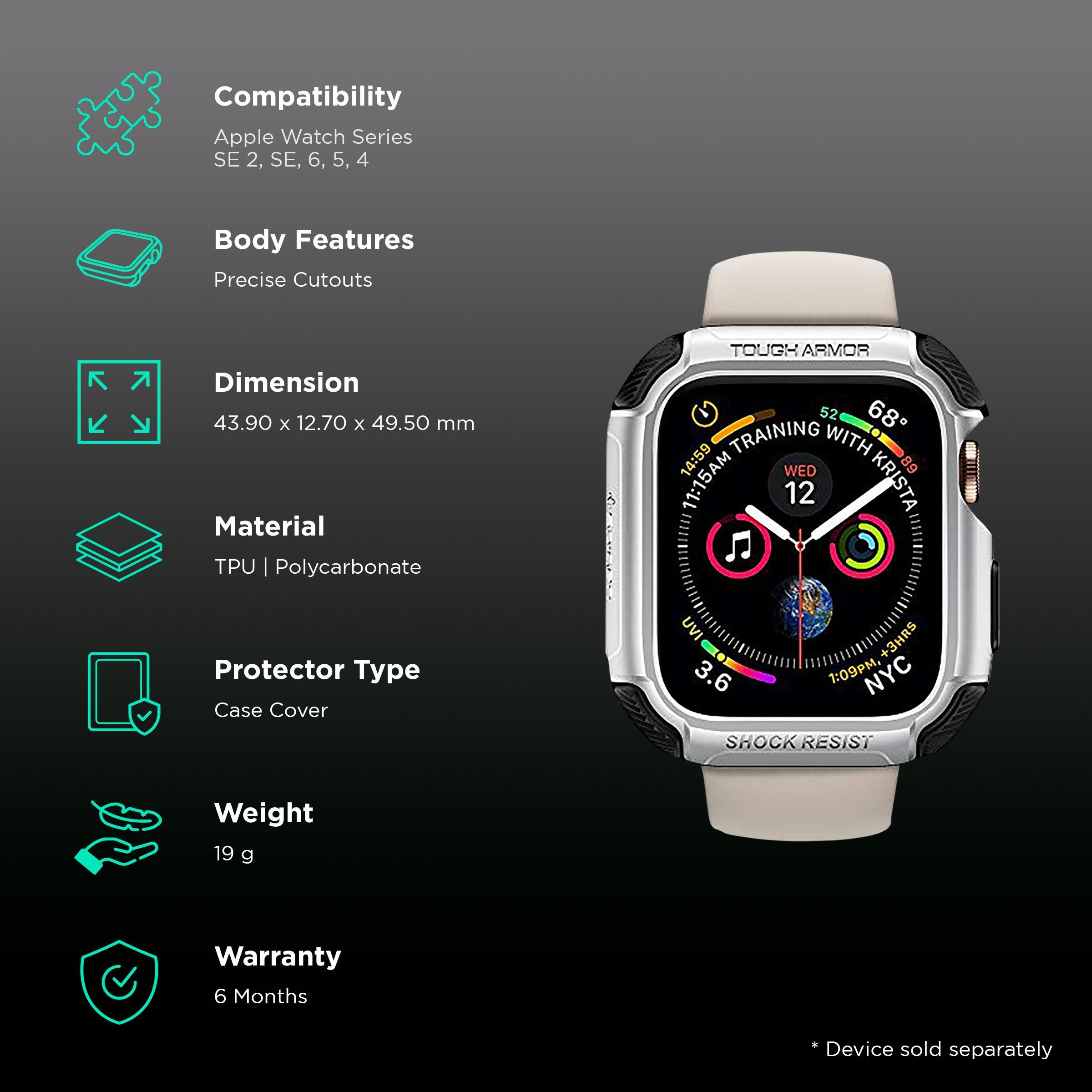 Spigen Tough Armor TPU & Polycarbonate Case Cover for Apple Watch Series SE 2, SE, 6, 5 & 4 (44mm) (Dual Layered with Shock Absorbent, Silver)_2