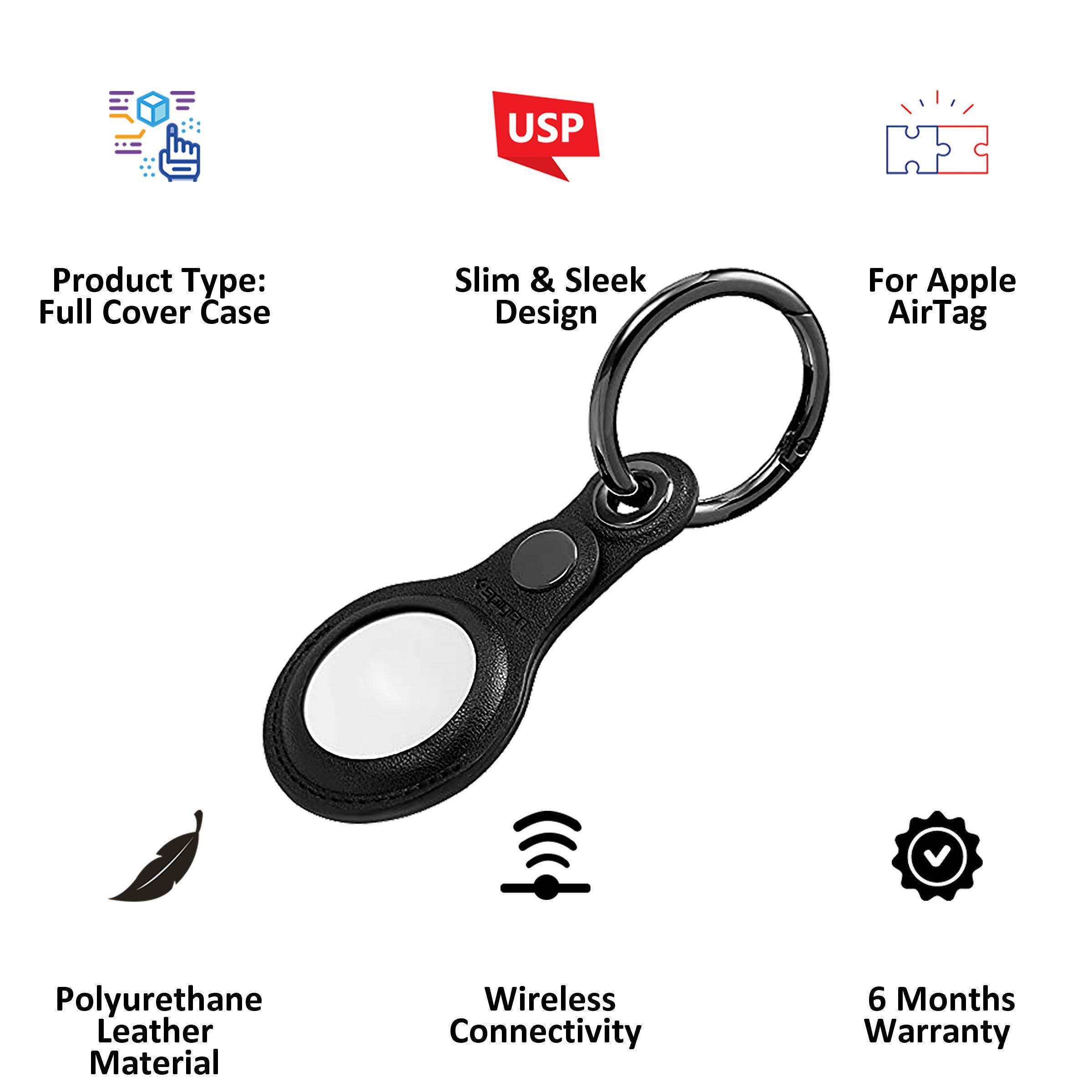 spigen Valentinus PU Leather Full Cover Case For Apple AirTag (Secure Button Closure With Cutouts, AMP01826, Black)_2