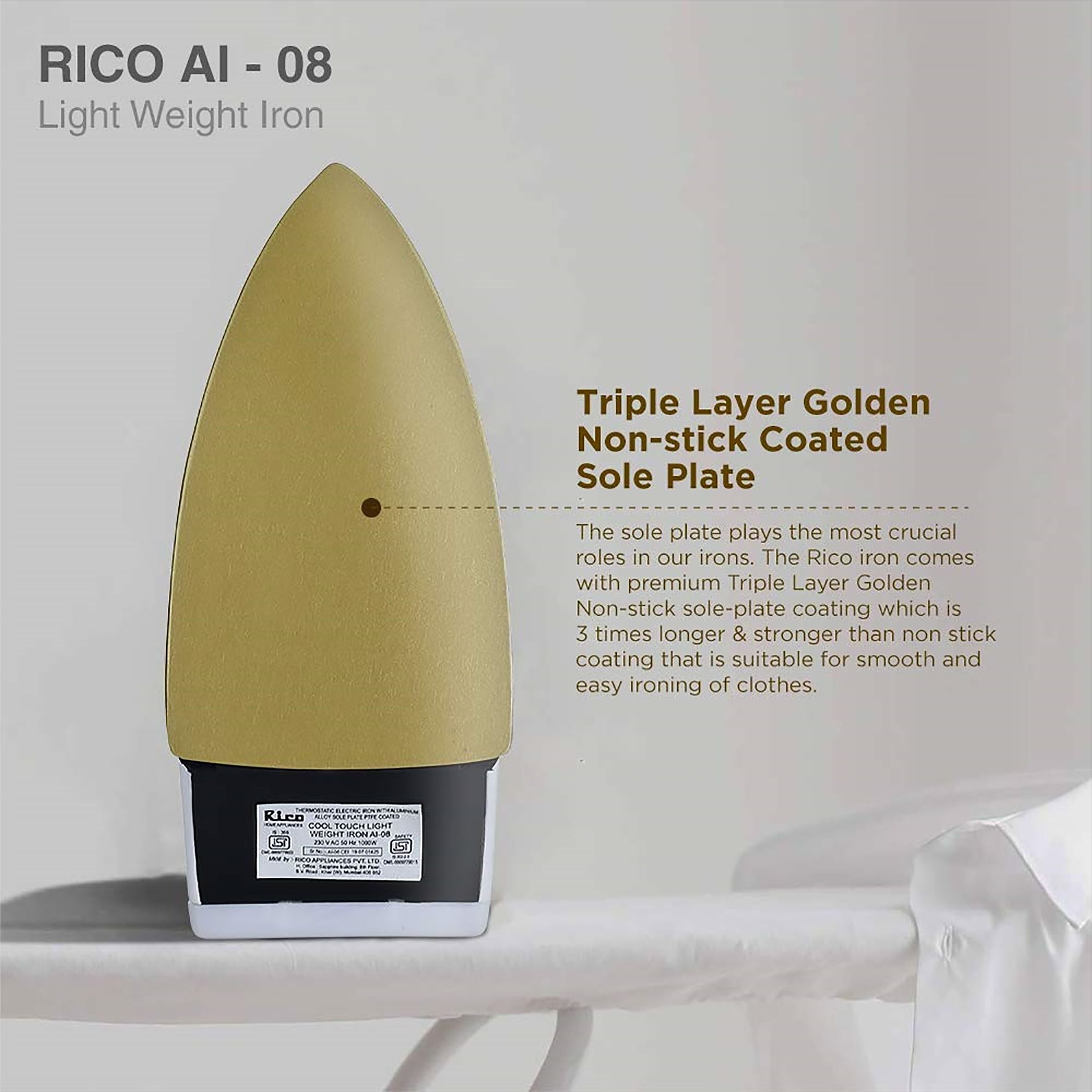 Rico AI08 1000 Watts Dry Iron (Easy gliding, White)_4