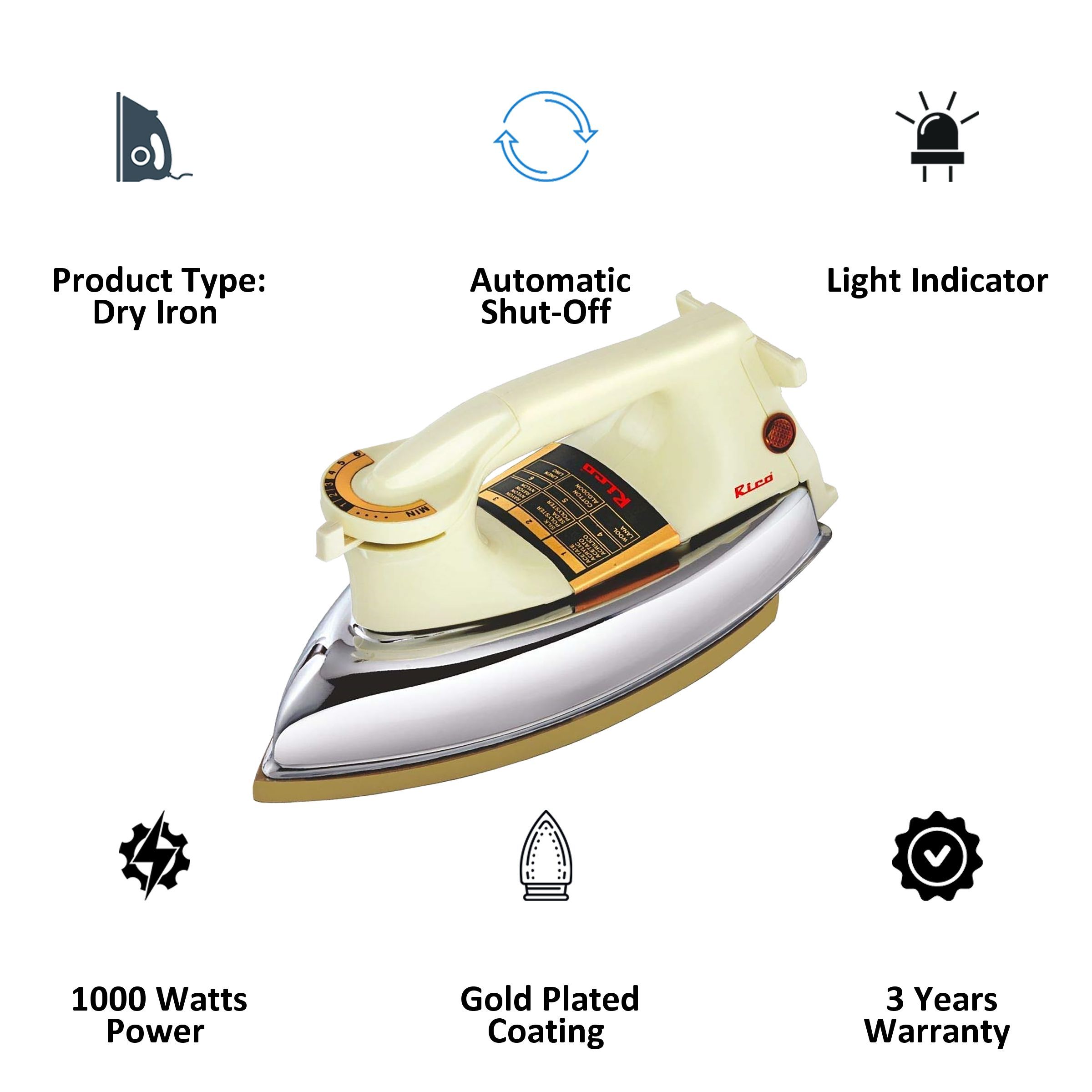 Rico AI11 1000 Watts Dry Iron (Gold plated DuPont coating, White/Ivory)_3
