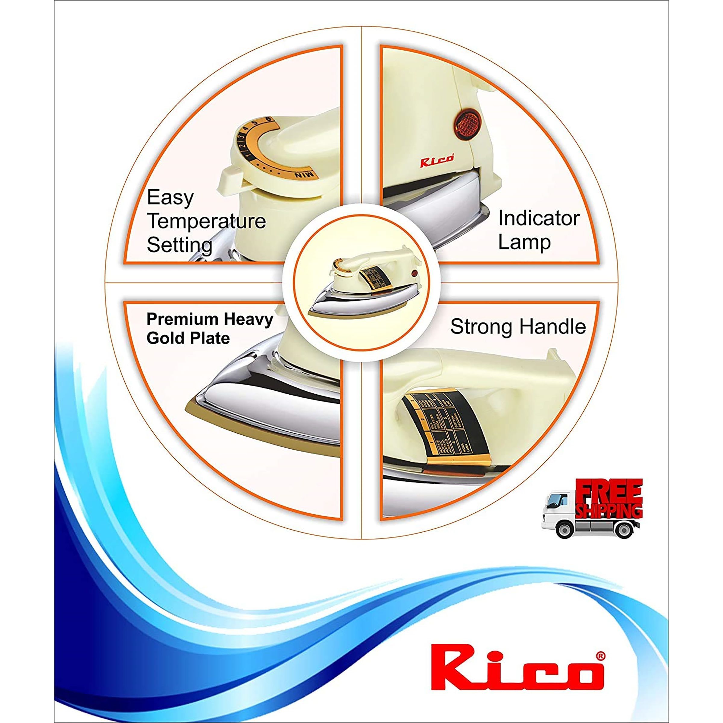 Rico AI11 1000 Watts Dry Iron (Gold plated DuPont coating, White/Ivory)_5