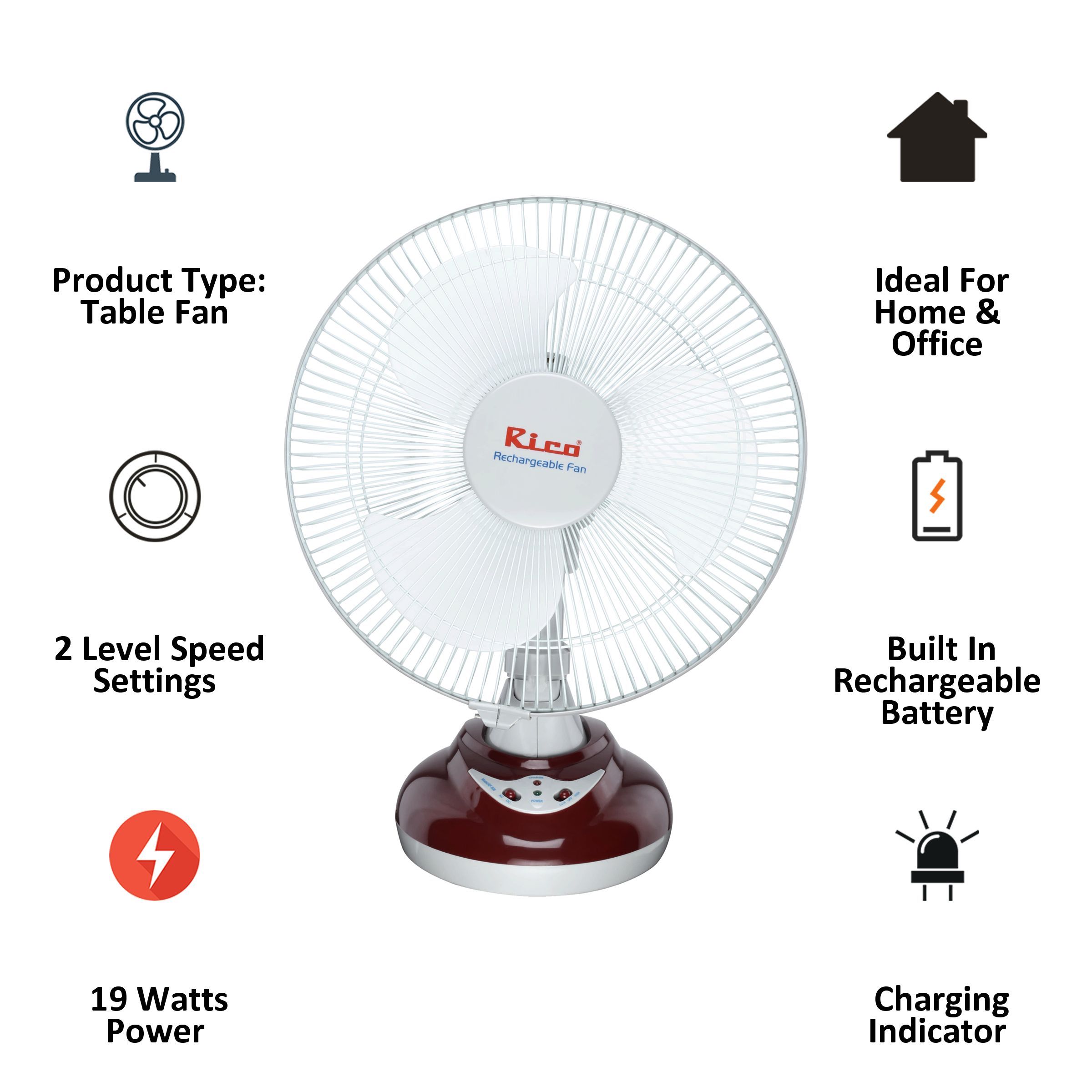 Rico 3 Blade Table Fan (Built-in Rechargeable Battery, RF806, Red)_5