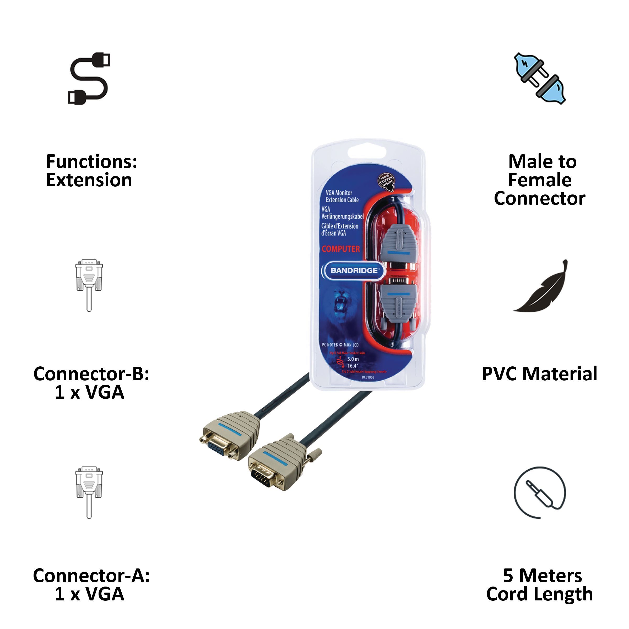 Bandridge BCL1005 PVC 5 Meter VGA to VGA Extension VGA Cable (High Resolution, Blue)_4