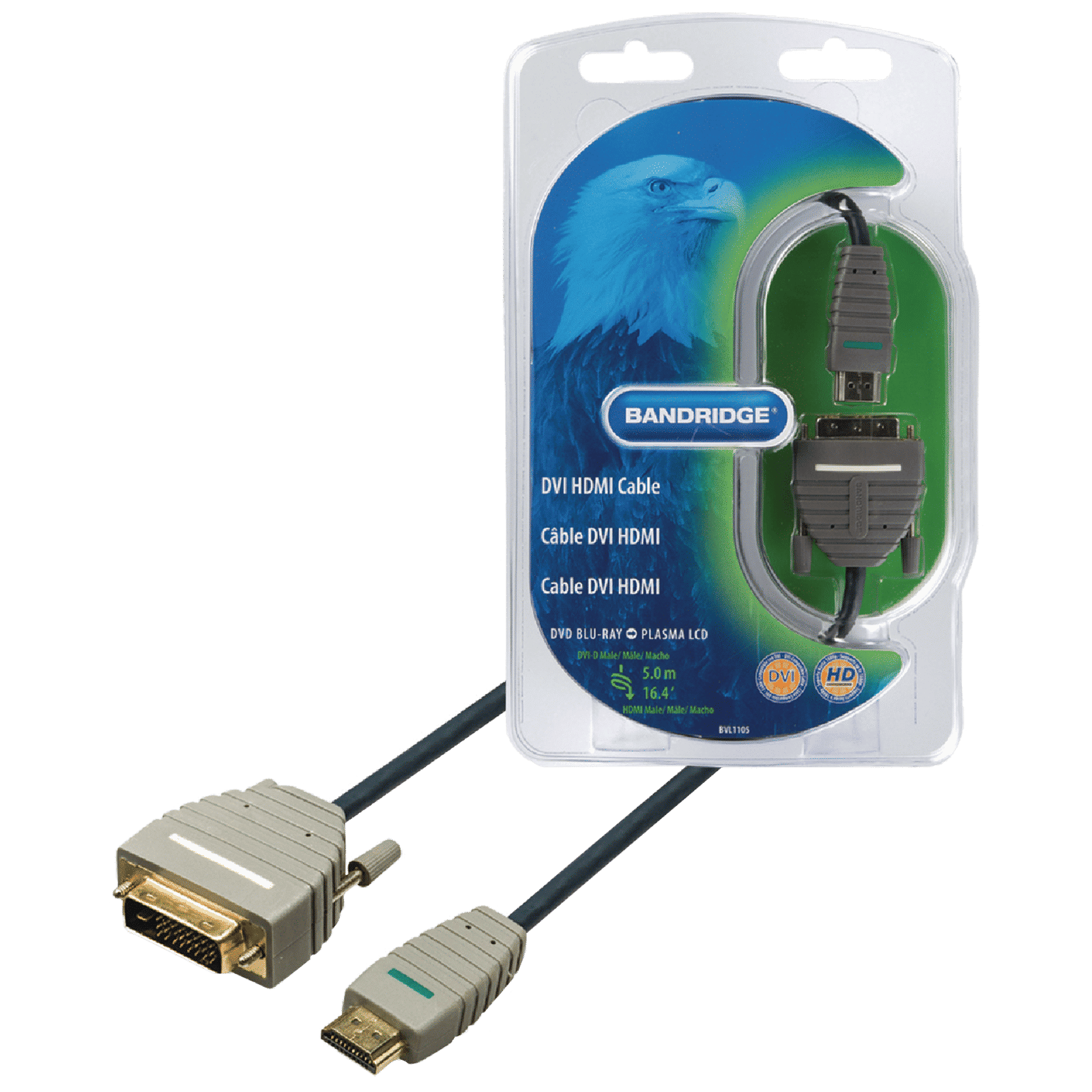 Bandridge BVL1105 5 Meter HDMI to DVI-D 24+1-Pin Audio & Video HDMI Cable/DVI Cable (Round Cable Design, Blue)_1