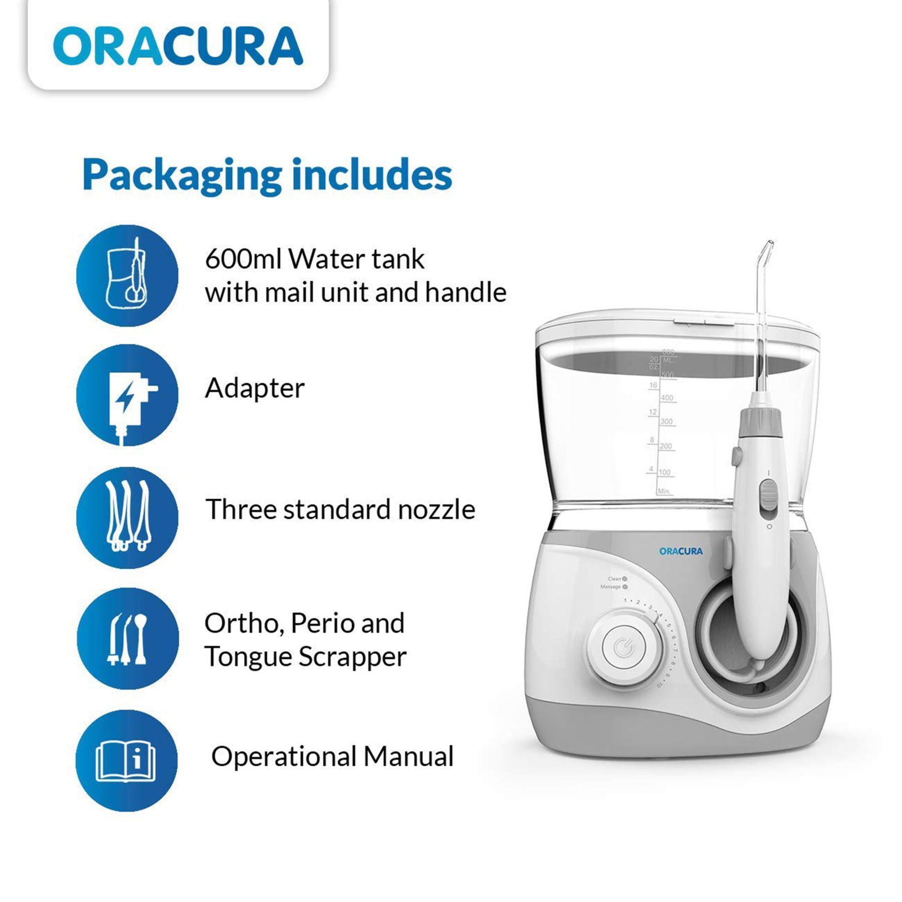 ORACURA Tabletop Plus Dental Floss for Unisex (10 Adjustable Water Pressure, OC300, White)_5