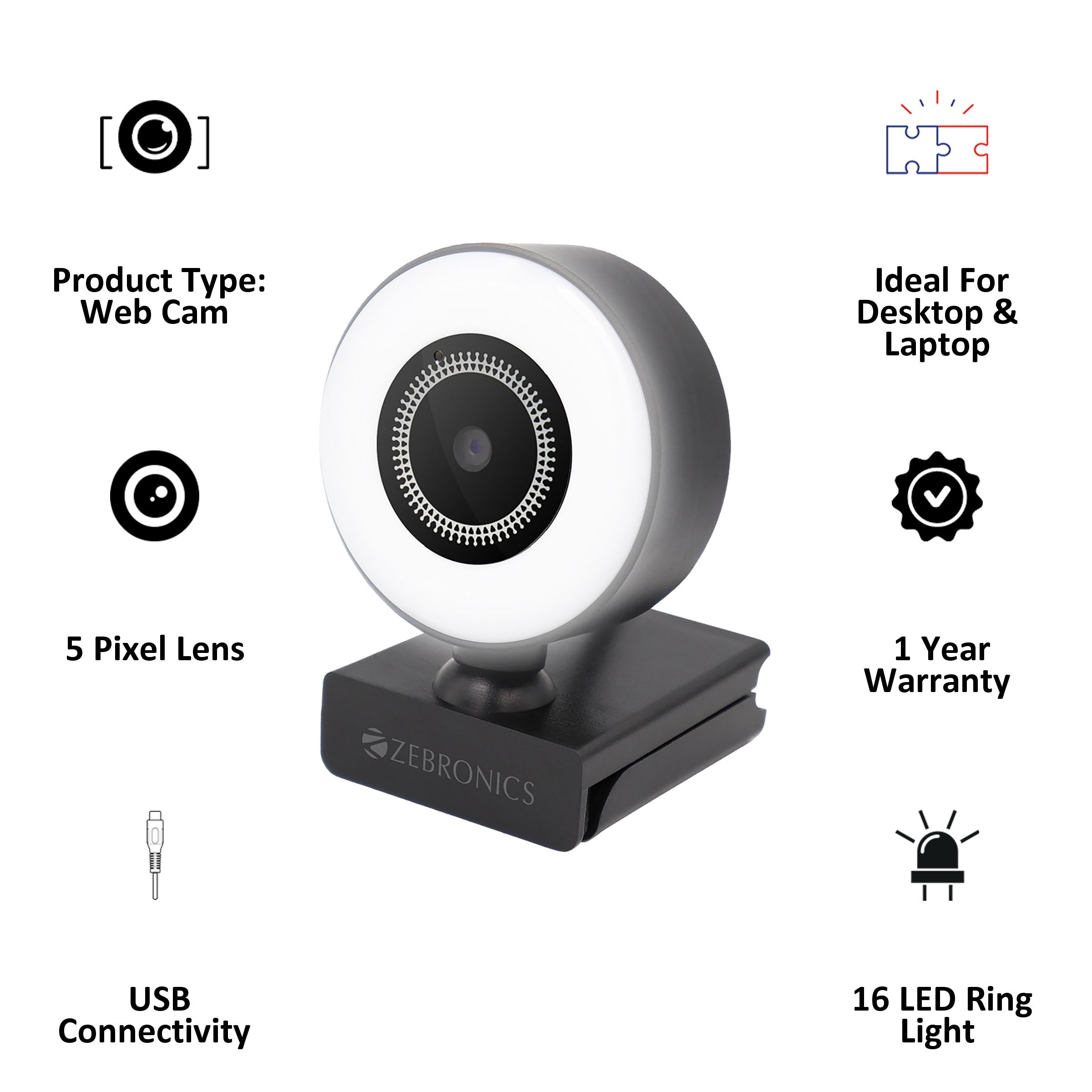 ZEBRONICS USB Web Cam (16 LED Ring Light, ZEB-Ultimate Star, Black)_3