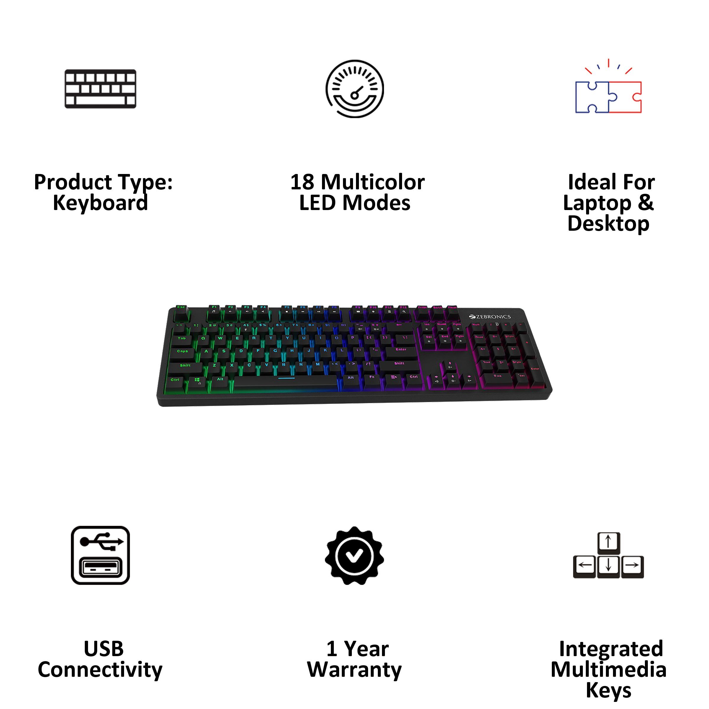 ZEBRONICS Max Plus V2 Wired Gaming Keyboard with Integrated Multimedia Keys (5 LED Speed Modes, Black)_3