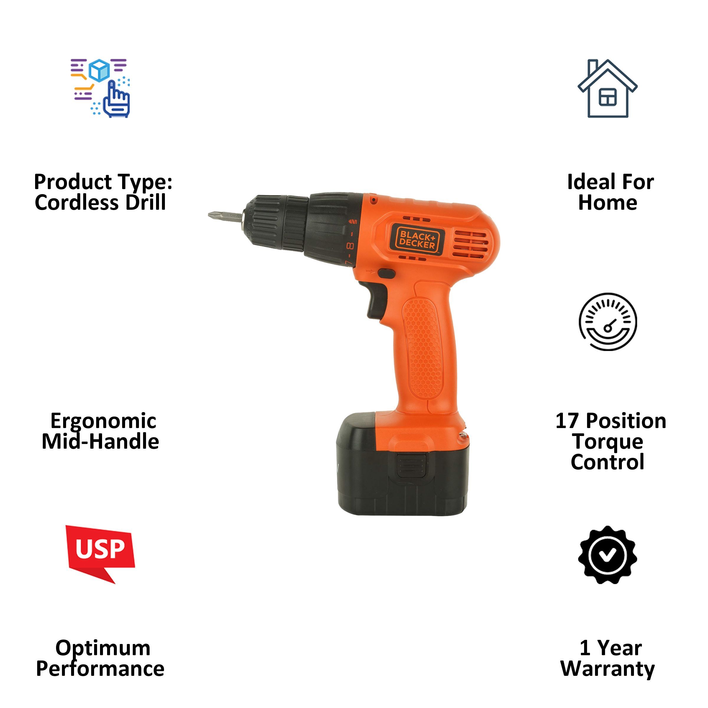 BLACK+DECKER CD121B2-IN Cordless Drill (Optimizes Balance, Orange)_3