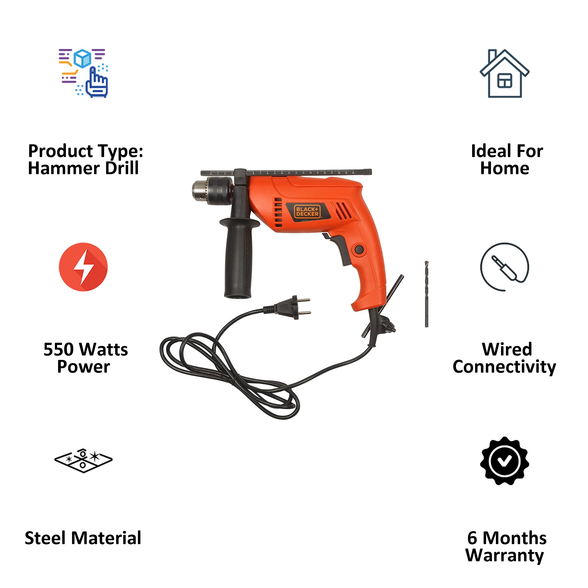 BLACK+DECKER HD555-IN 550 W Hammer Drill (Lock-On Switch, Orange)_3