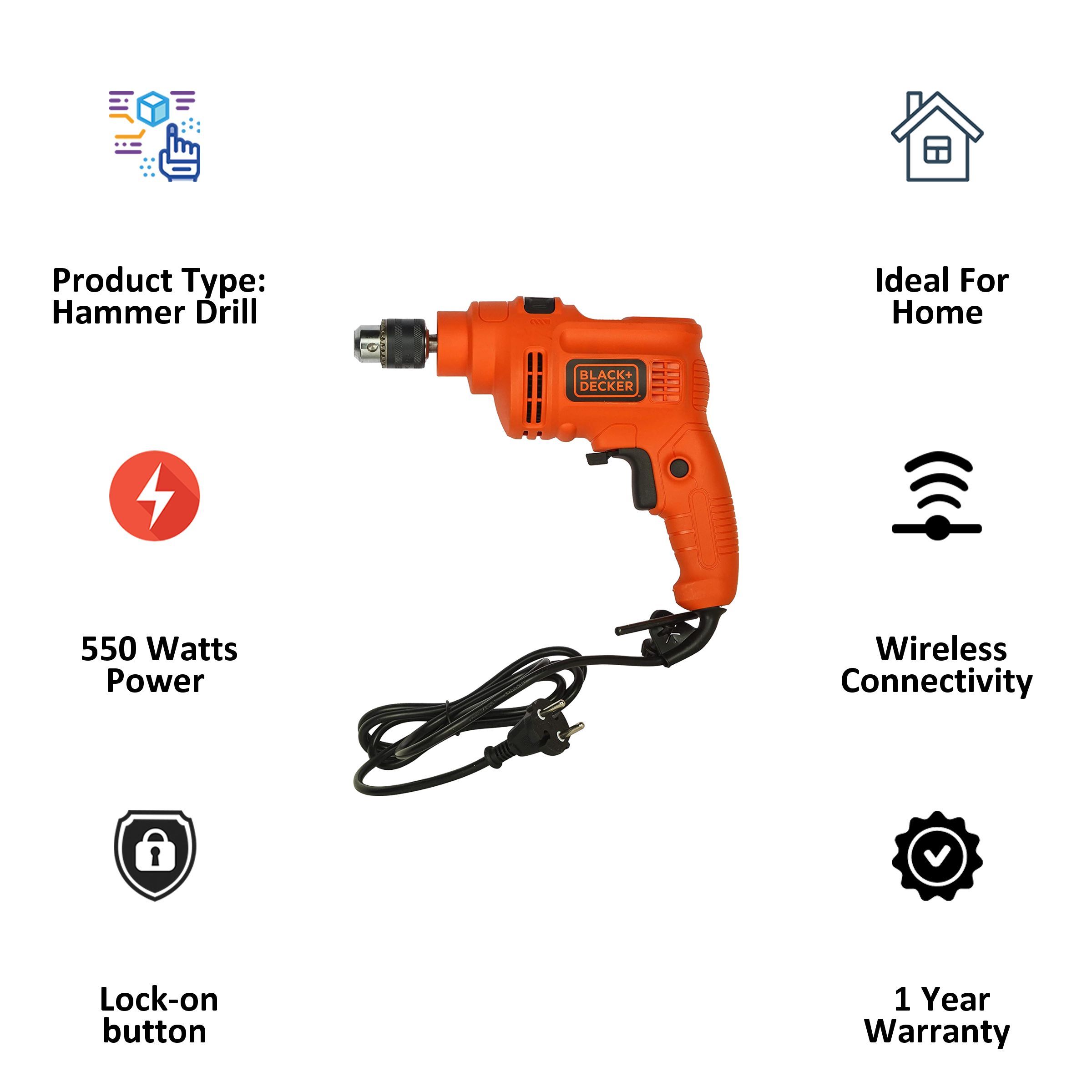 BLACK+DECKER KR5010V-IN 550 W Hammer Drill (Lock-On Switch, Orange)_3
