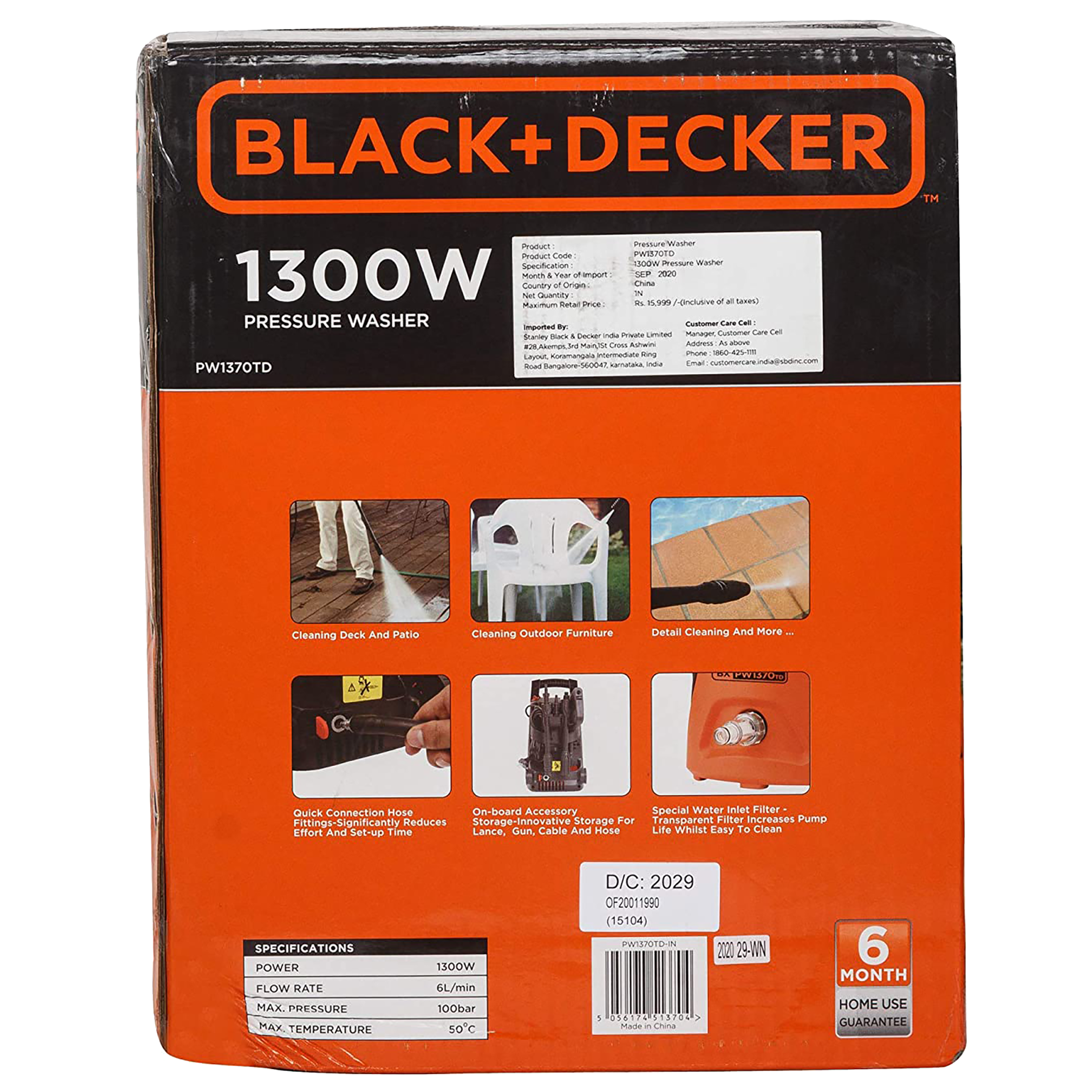 BLACK+DECKER Car Washer for Car wash (IPX5 Protection, PW1370TD-IN, Orange/Black)_12