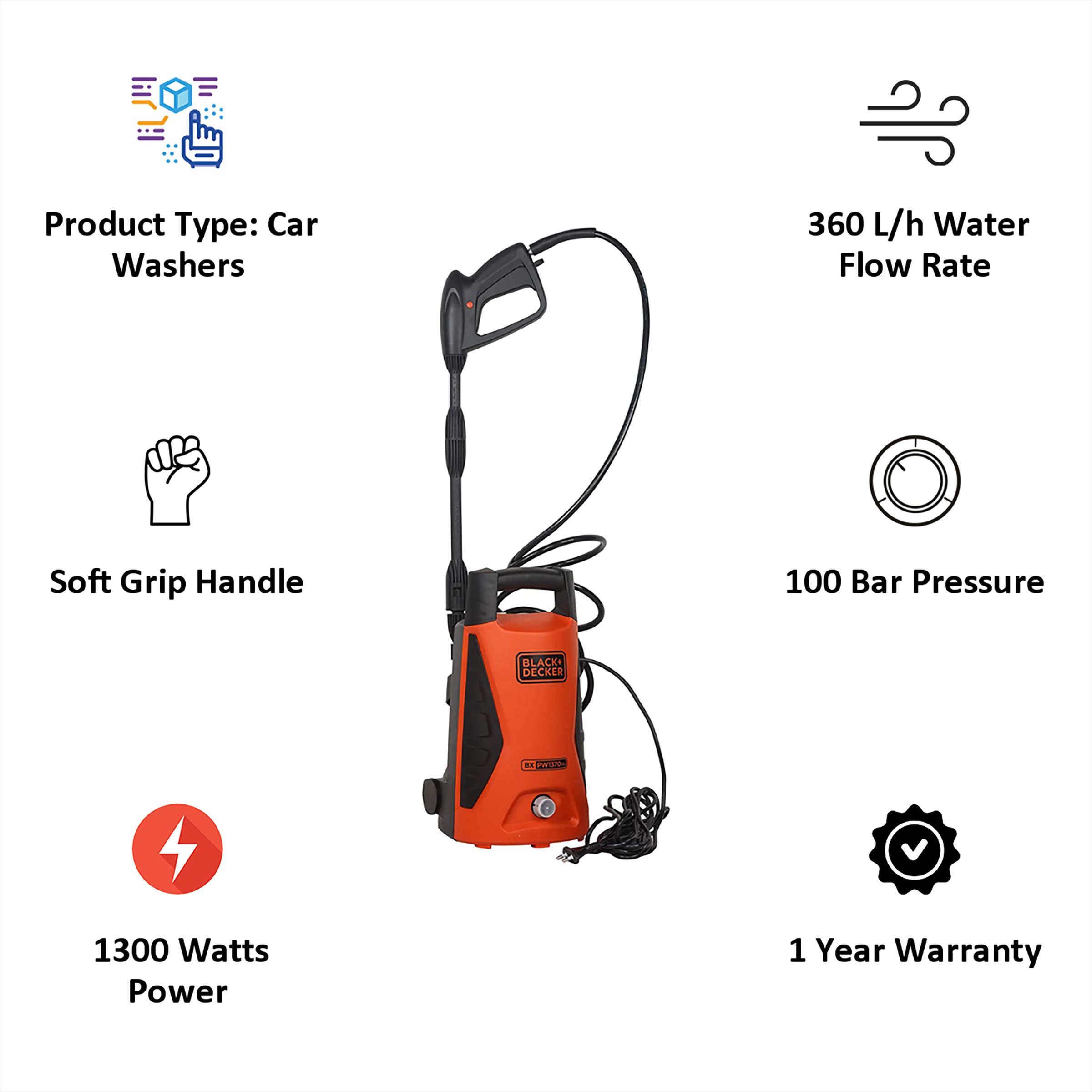 BLACK+DECKER Car Washer for Car wash (IPX5 Protection, PW1370TD-IN, Orange/Black)_5