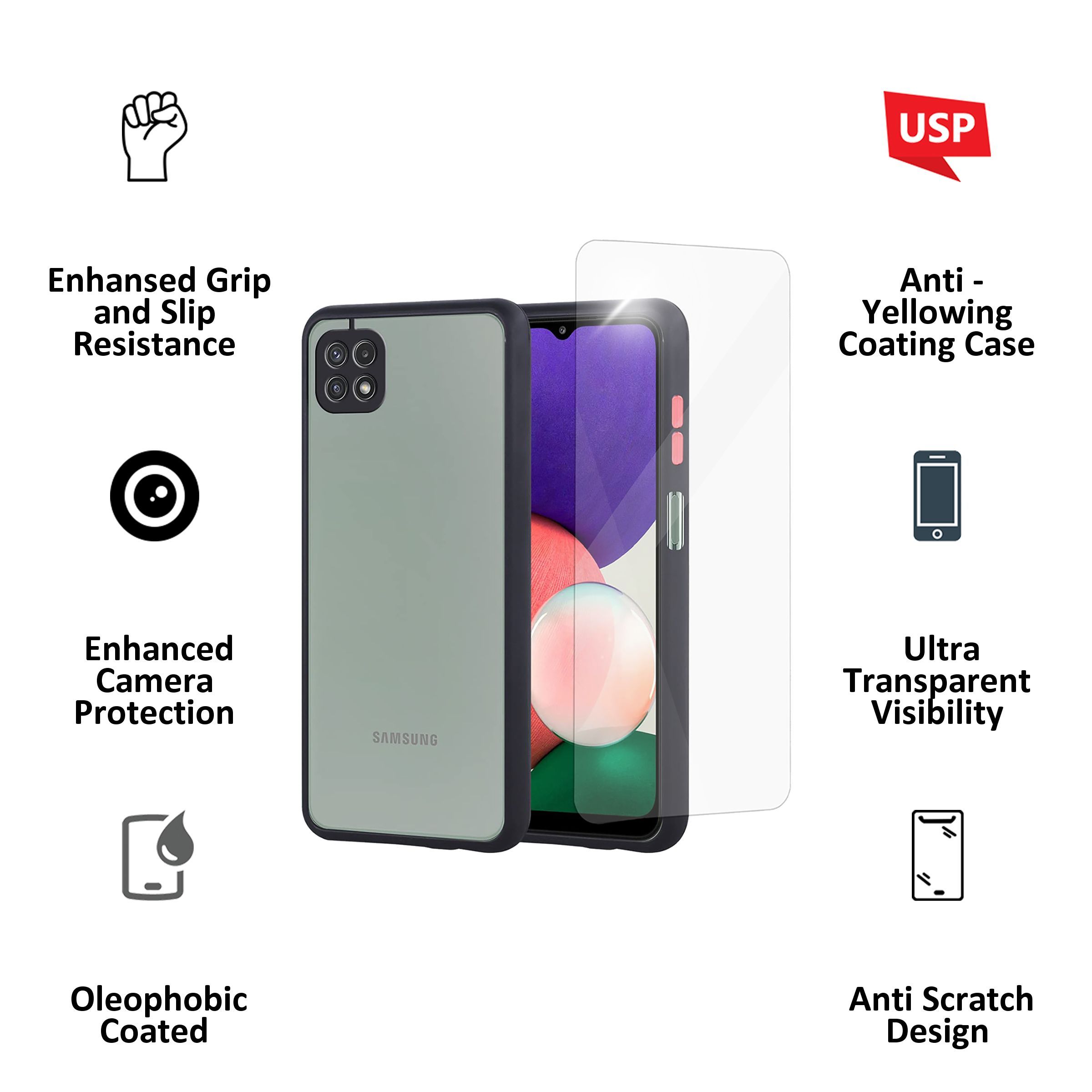 ARROW Camera Duplex Polycarbonate Back Cover for Samsung A22 (Anti Scratch Design, Black)_2