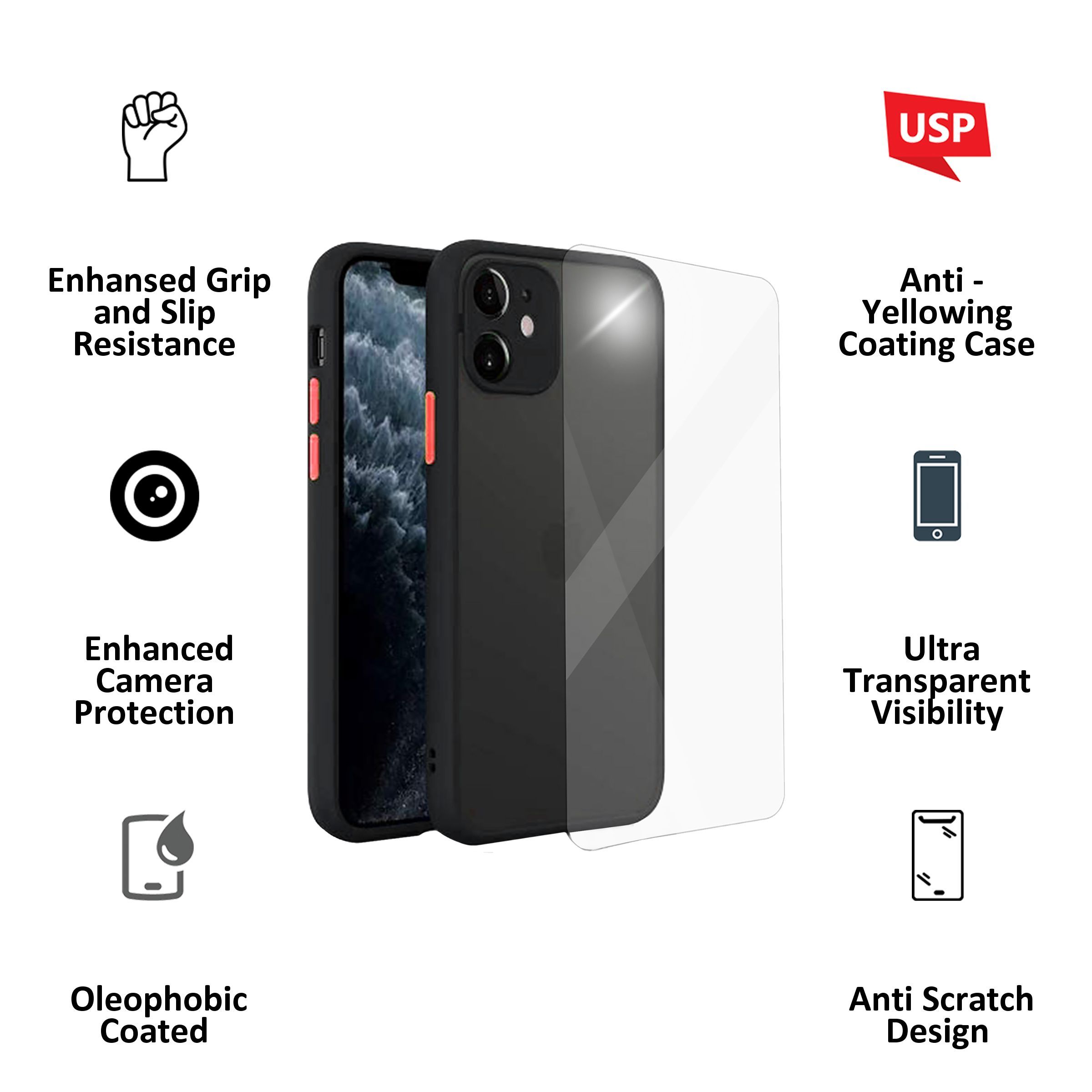 ARROW Camera Duplex Screen Protector & Polycarbonate Back Cover Combo for Apple iPhone 12 (Anti Scratch Design, Black)_2