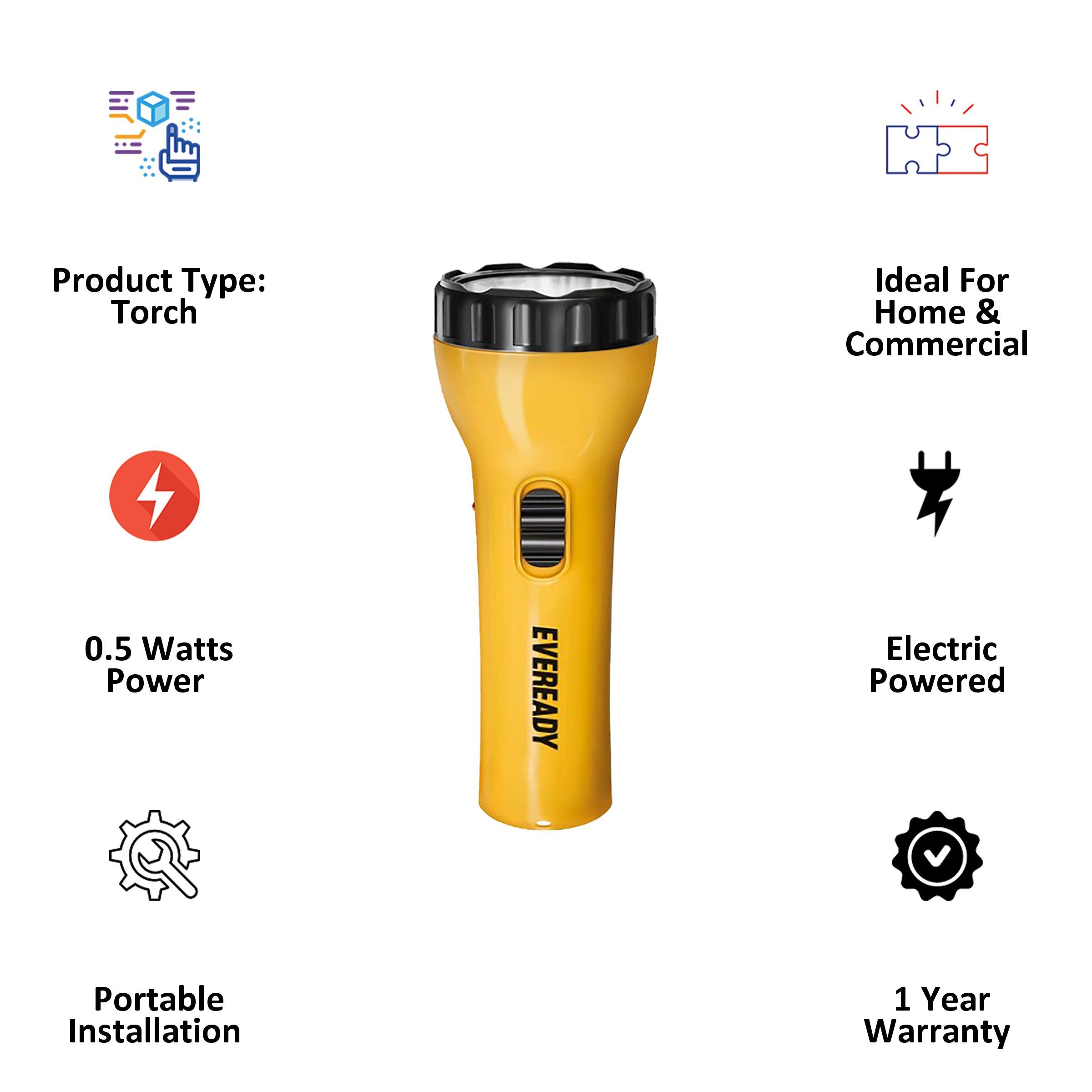 EVEREADY Sunny 0.5 Watts LED Torch (60 Lumens, Power On/Off Indicator, EVE DL92, Yellow/Black)_3