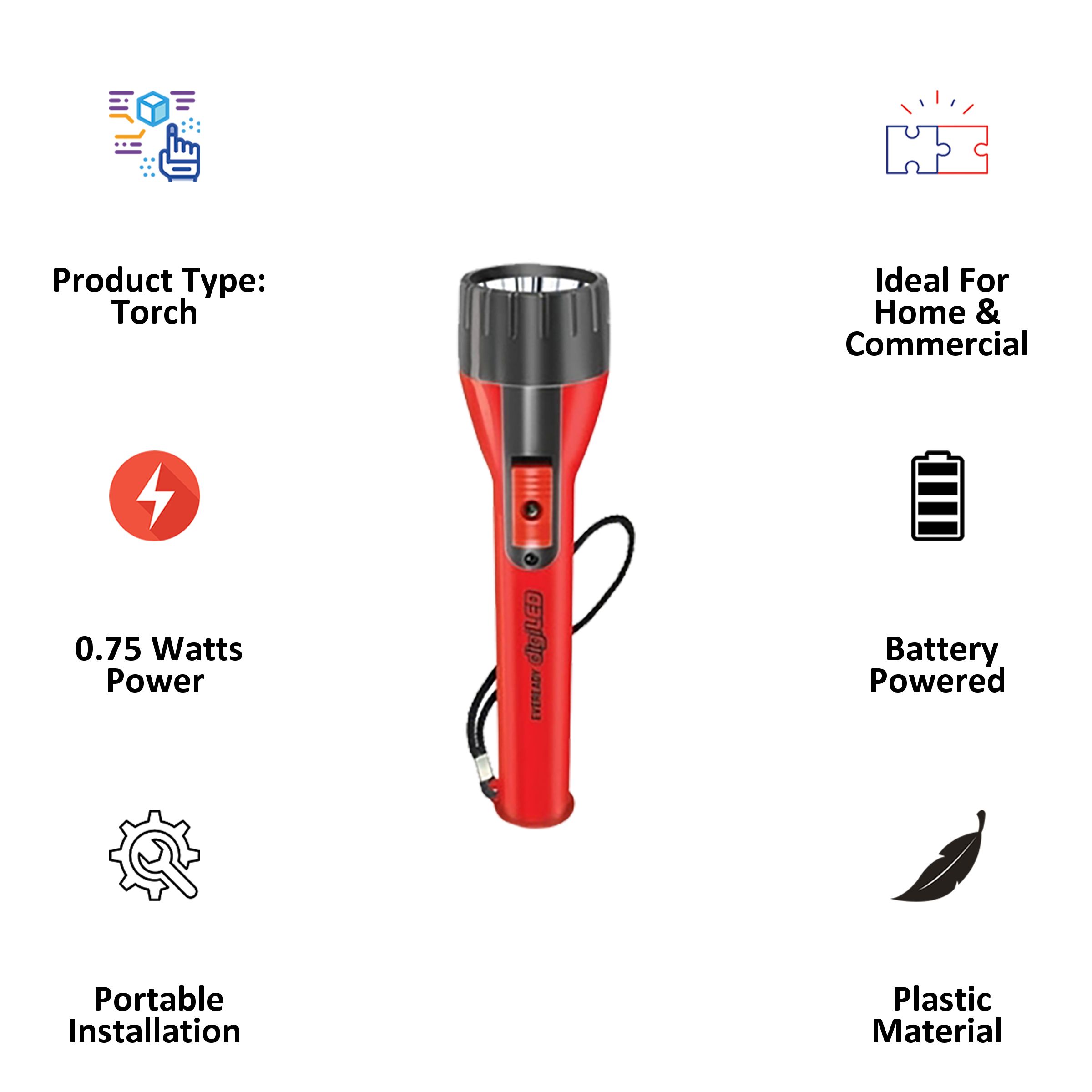 EVEREADY Conica 0.75 Watts LED Torch (120 Lumens, Intense White Light, EVE DL07, Red/Black) EVEREADY Conica 0.75 Watts LED Torch (120 Lumens, Intense White Light, EVE DL07, Red/Black)_3