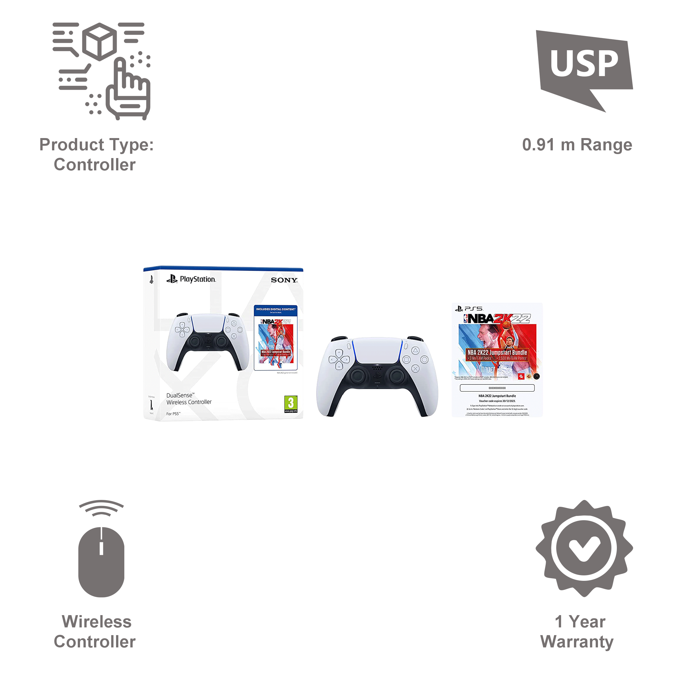 SONY DualSense Wireless Controller For PlayStation 5 (Voucher for NBA 2K22 Jumpstart, 50668522, White)_3