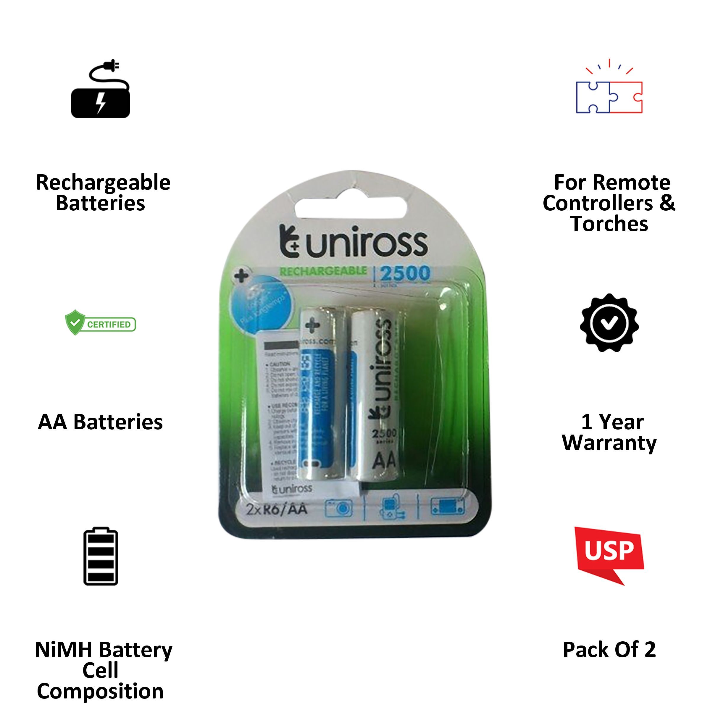 uniross 2500mAh AA Rechargeable Batteries (Pack Of 2, UNI 2500 AA BP2, Black)_3