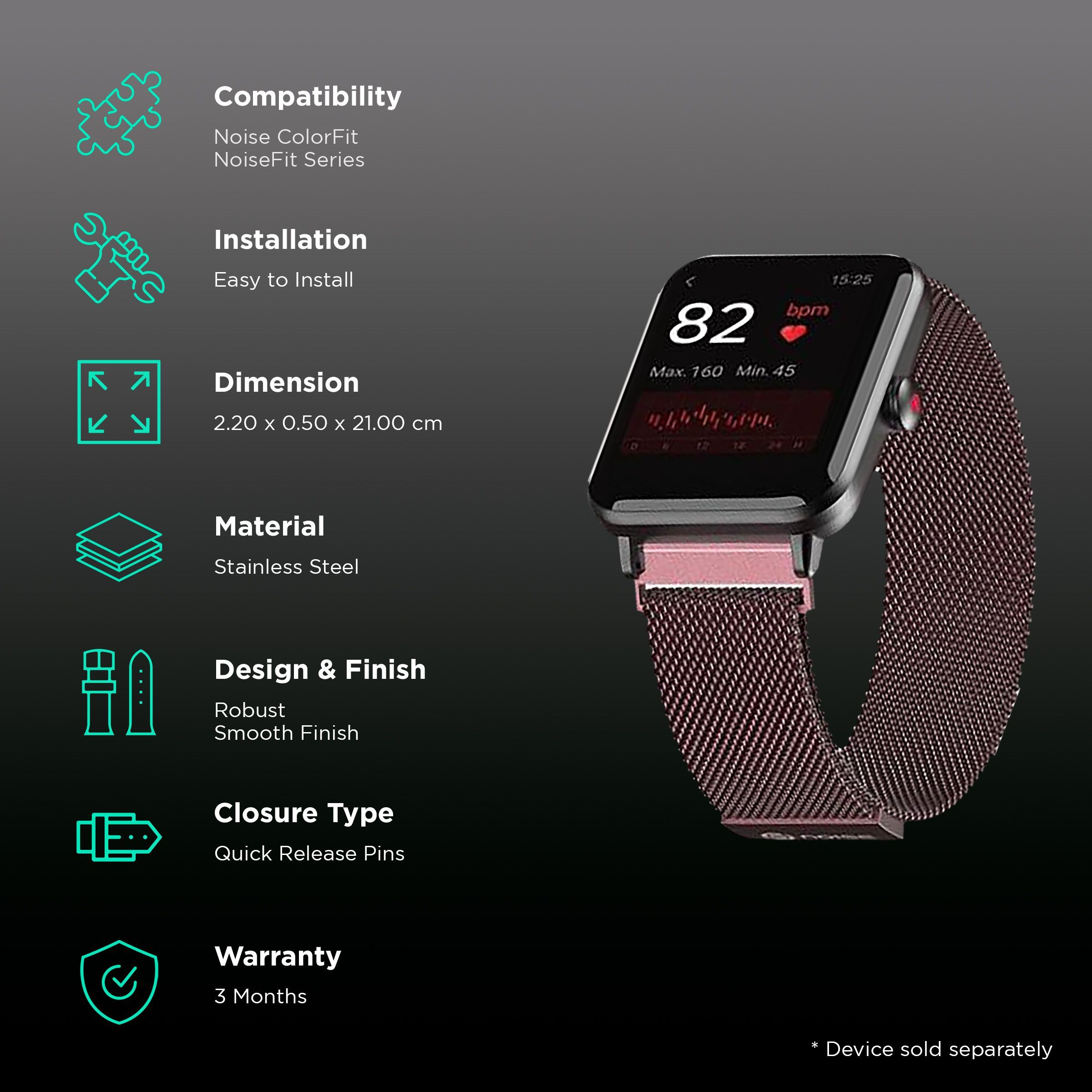 Noise Metallic Link Stainless Steel Magnetic Strap for Noise ColorFit & NoiseFit (22mm) (Durability & Comfort, Rosy Brown)_2