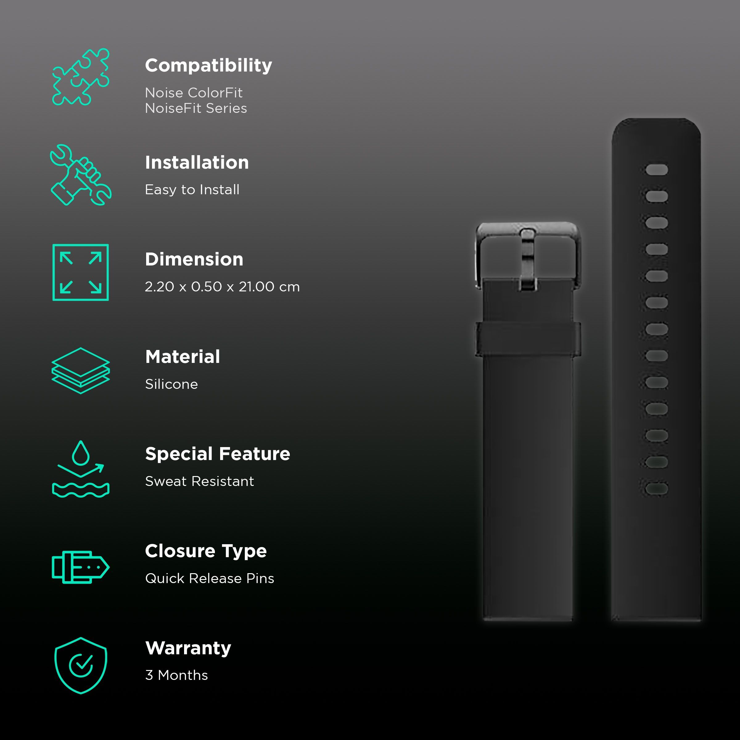 Noise Premium Silicone Strap for Noise ColorFit & NoiseFit (22mm) (Sweat Resistant, Black)_2