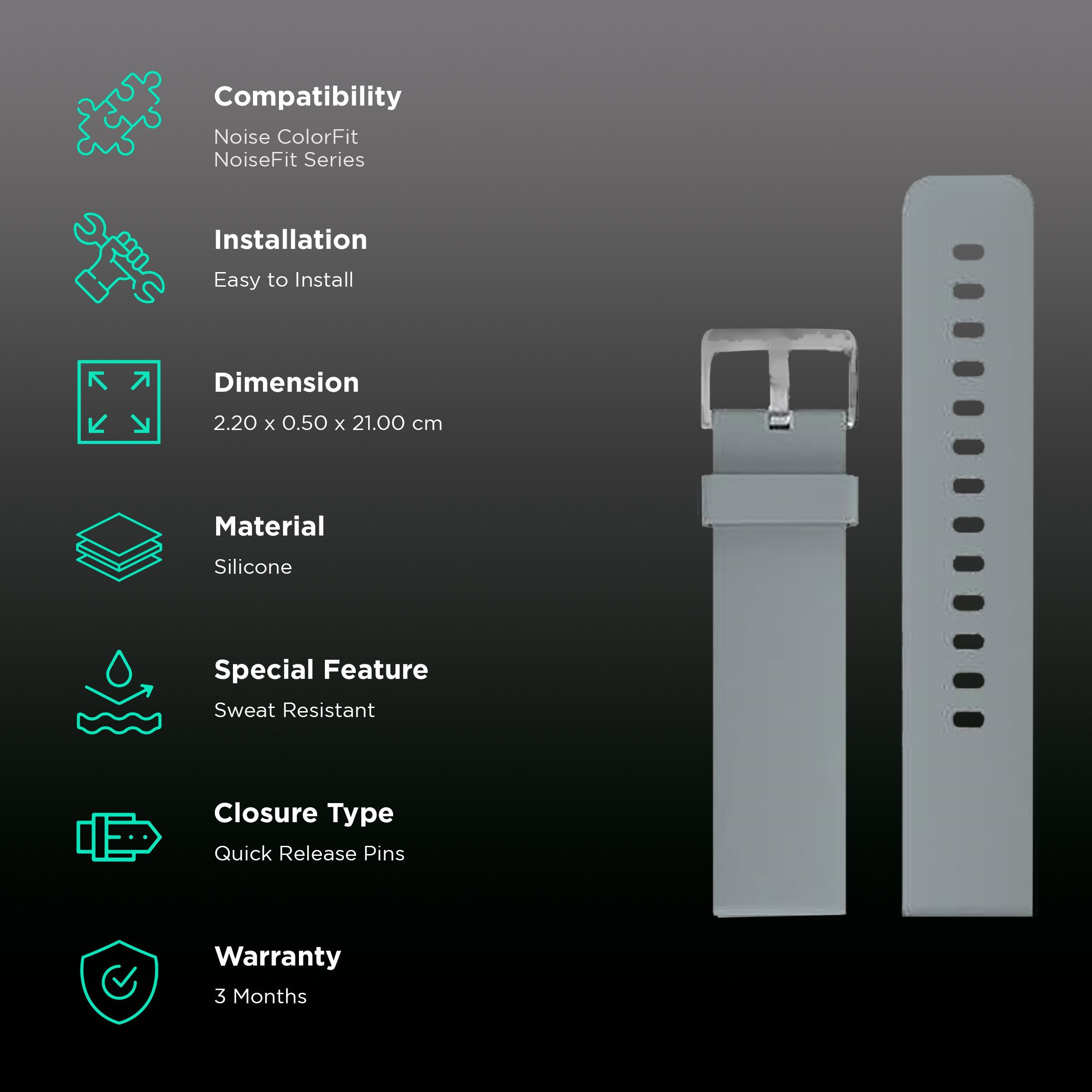 Noise Premium Silicone Strap for Noise ColorFit & NoiseFit (22mm) (Sweat Resistant, Grey)_2