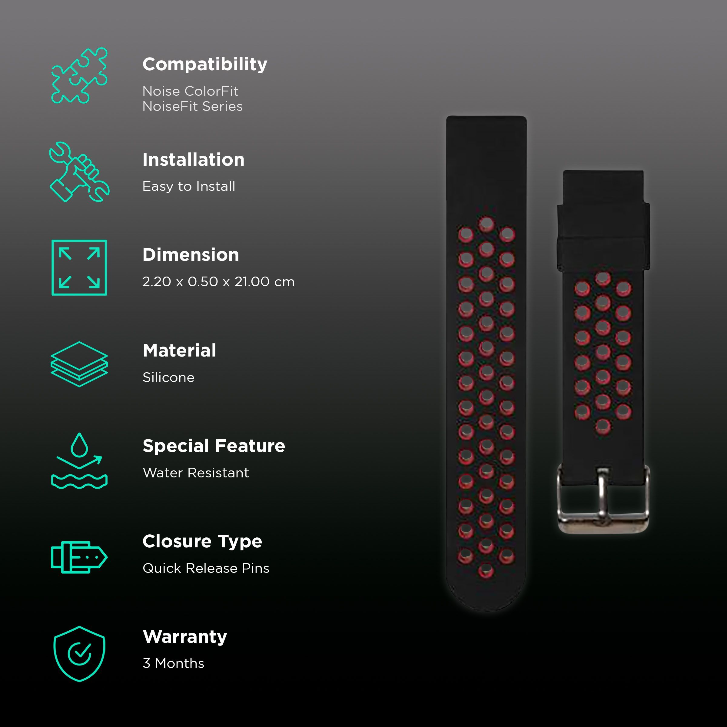 Noise Sports Edition Silicone Sport Strap for Noise ColorFit & NoiseFit (22mm) (Lightweight & Rugged, Black/Red)_2