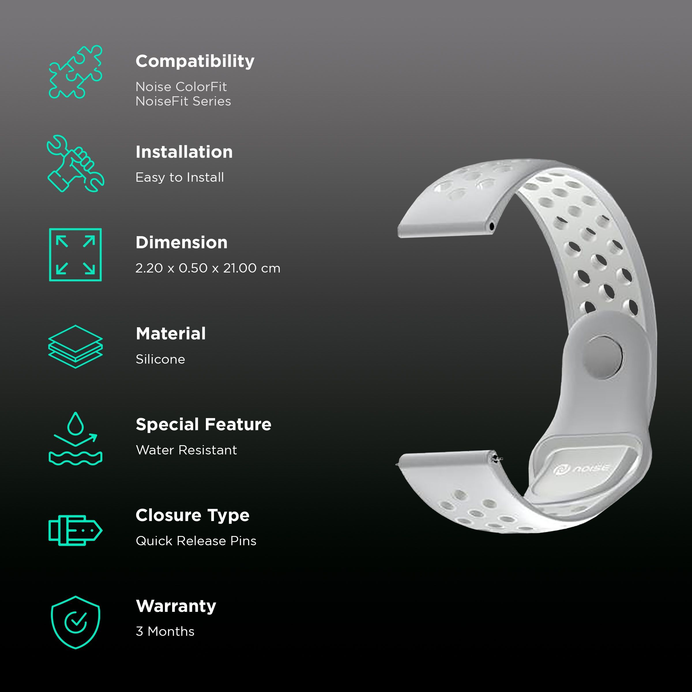 Noise Sports Edition Silicone Sport Strap for Noise ColorFit & NoiseFit (22mm) (Lightweight & Rugged, Silver/White)_2