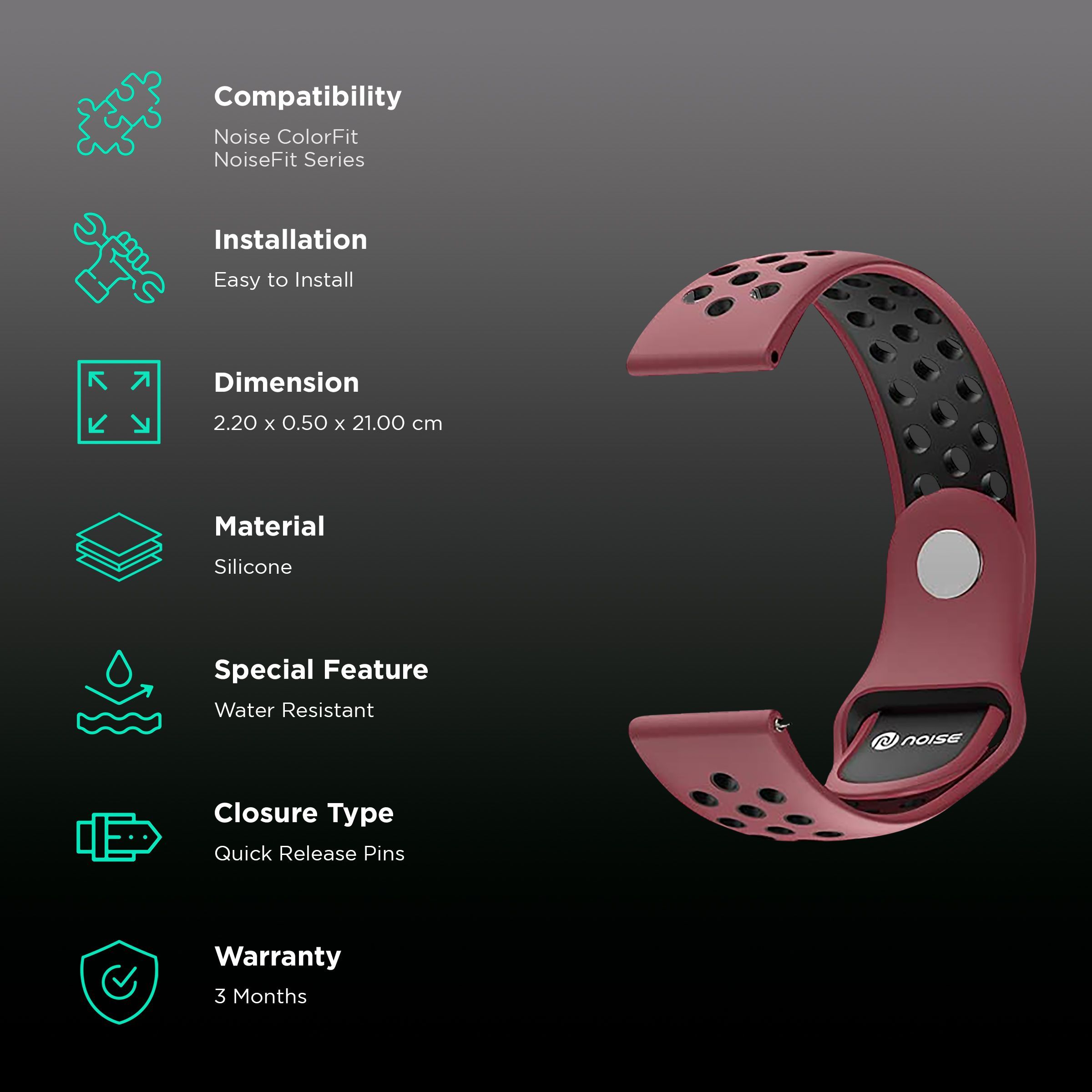 Noise Sports Edition Silicone Sport Strap for Noise ColorFit & NoiseFit (22mm) (Lightweight & Rugged, Wine Black)_2