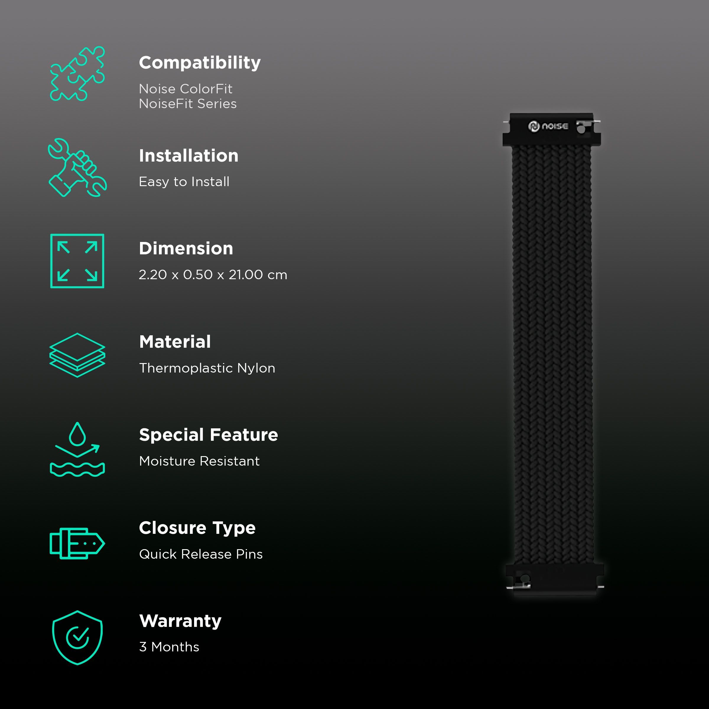 Noise Uni Weave Thermoplastic Nylon Strap for Noise ColorFit & NoiseFit (22mm) (Water & Sweat Resistance, Pitch Black)_2