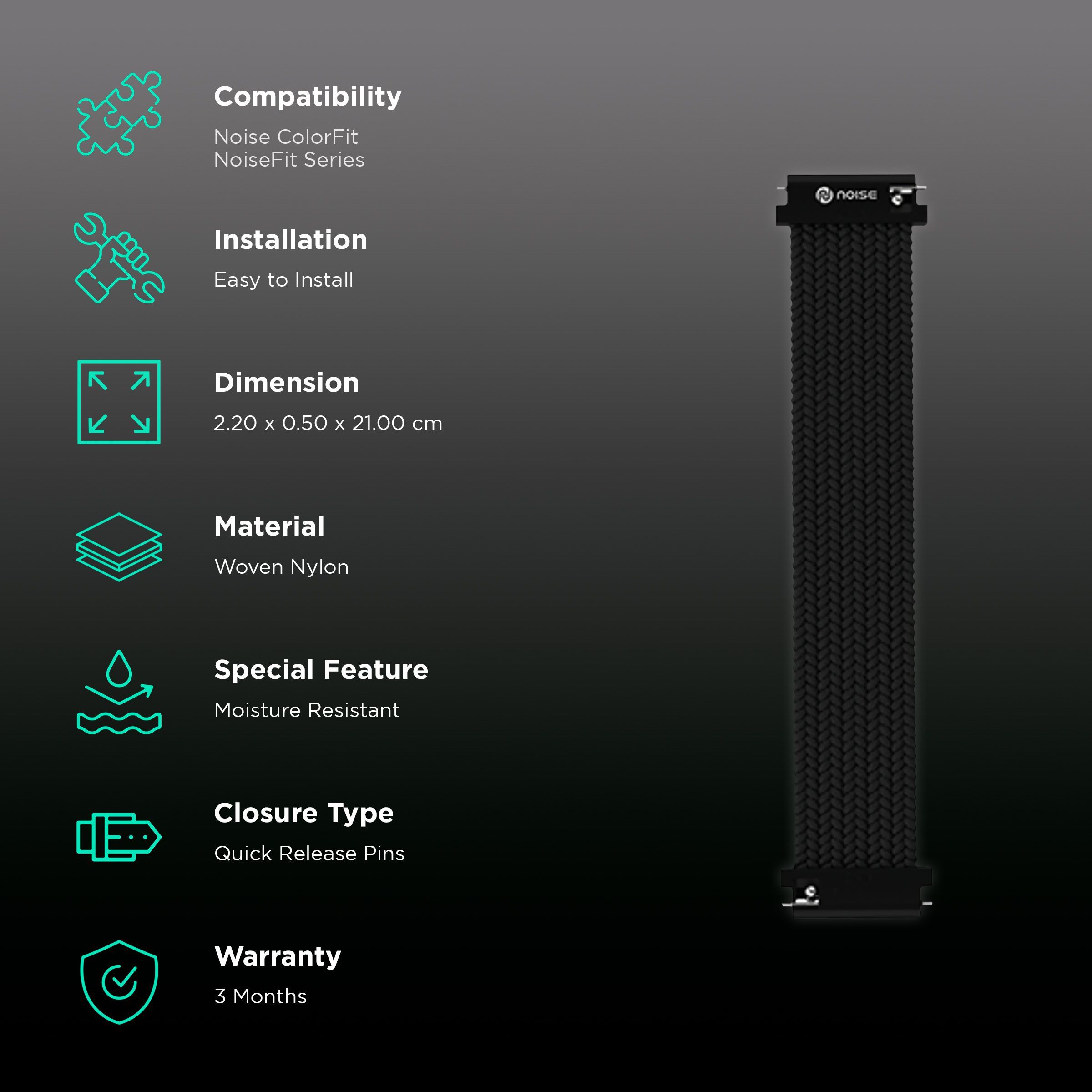 Noise Uni Weave Woven Nylon Strap for Noise ColorFit & NoiseFit (22mm, XS) (Water & Sweat Resistance, Pitch Black)_2