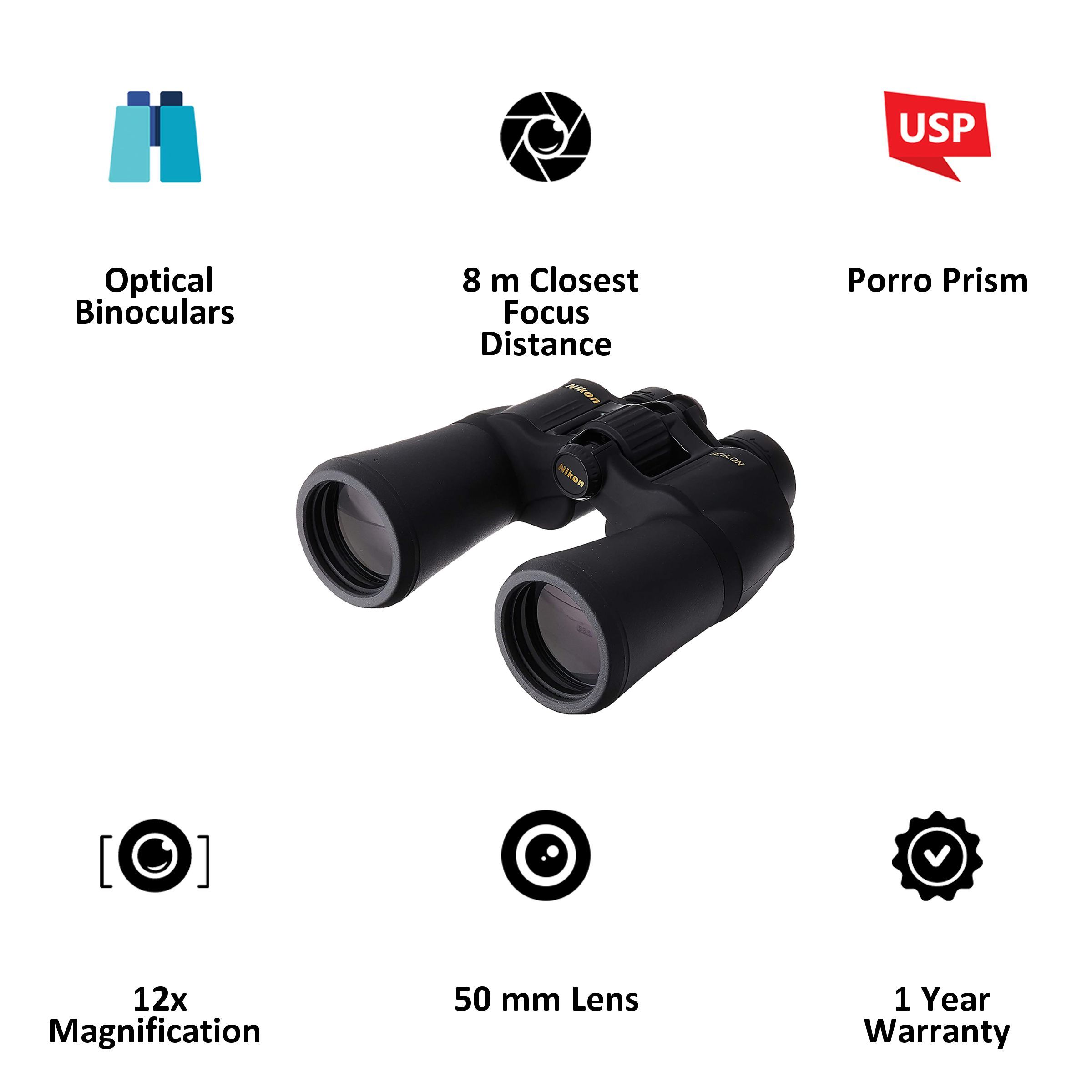 Nikon Aculon A211 12x 50mm Porro Prism Optical Binoculars (Superior Optical Performance, BAA815SA, Black)_6