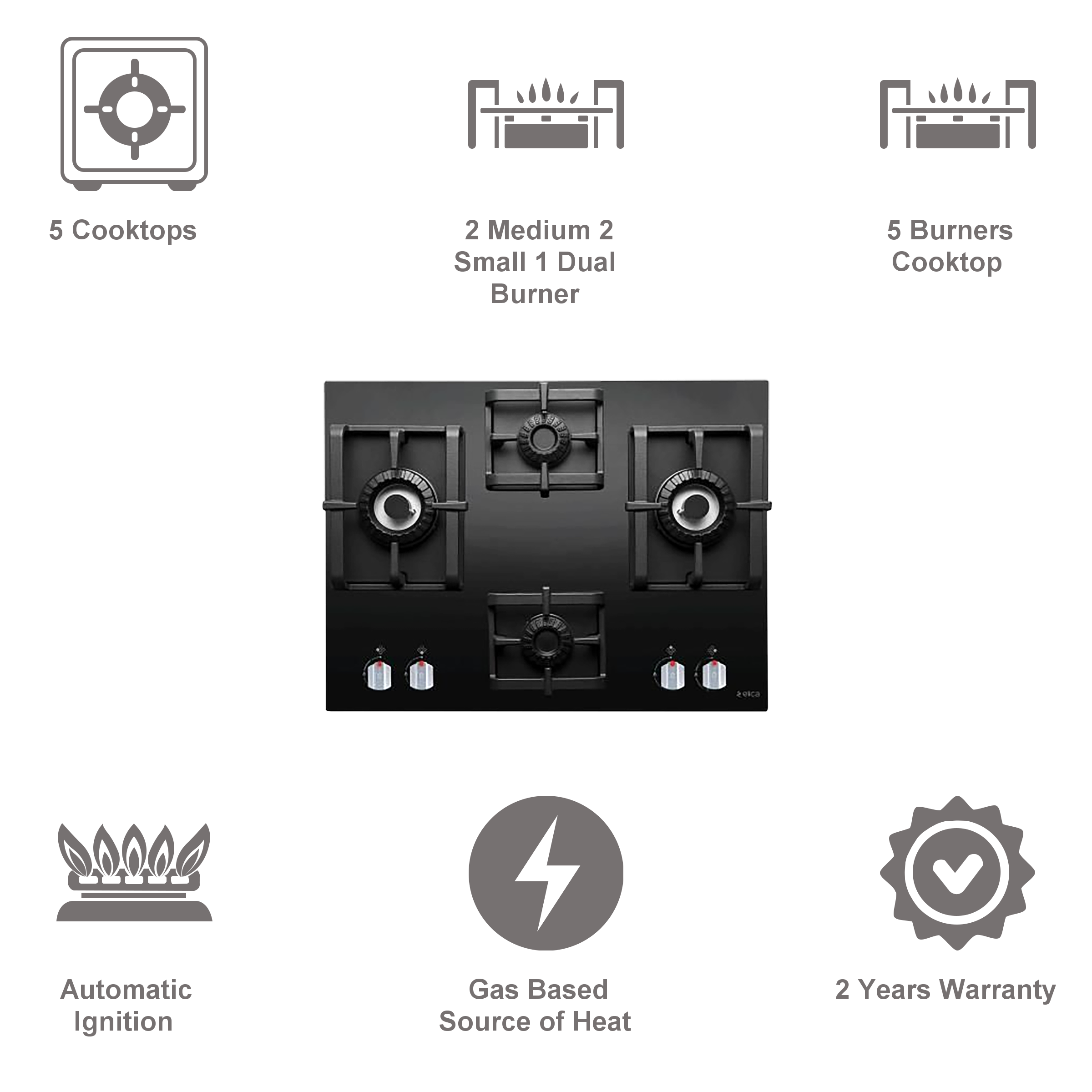 elica Pro MFC 5 Burner Glass Built-in Gas Hob (Electric Auto Ignition, 2684, Black)_5