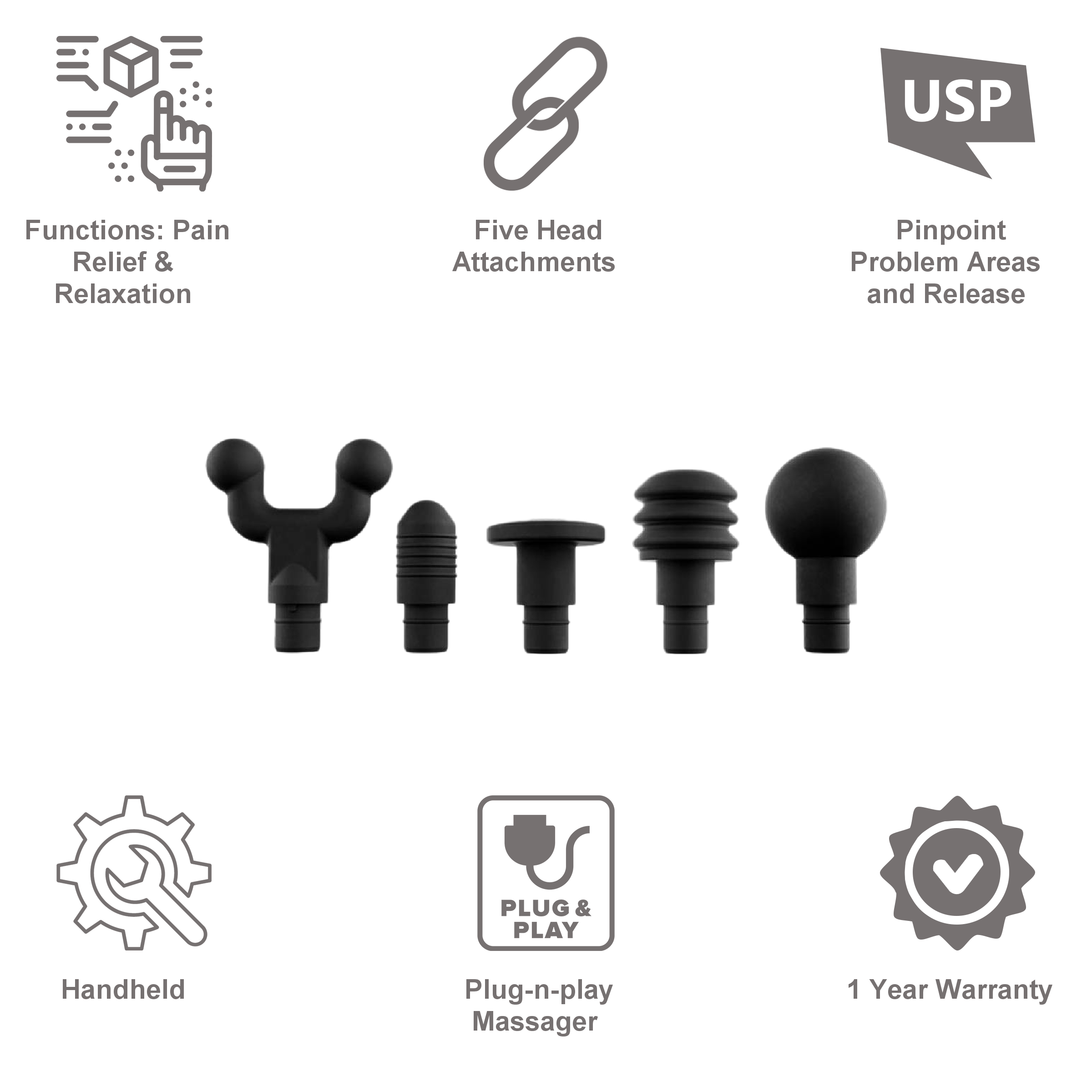 Hyperice Hypervolt 2 Massager Attachments (Five Head Attachments, 40015 038-00, Black)_3