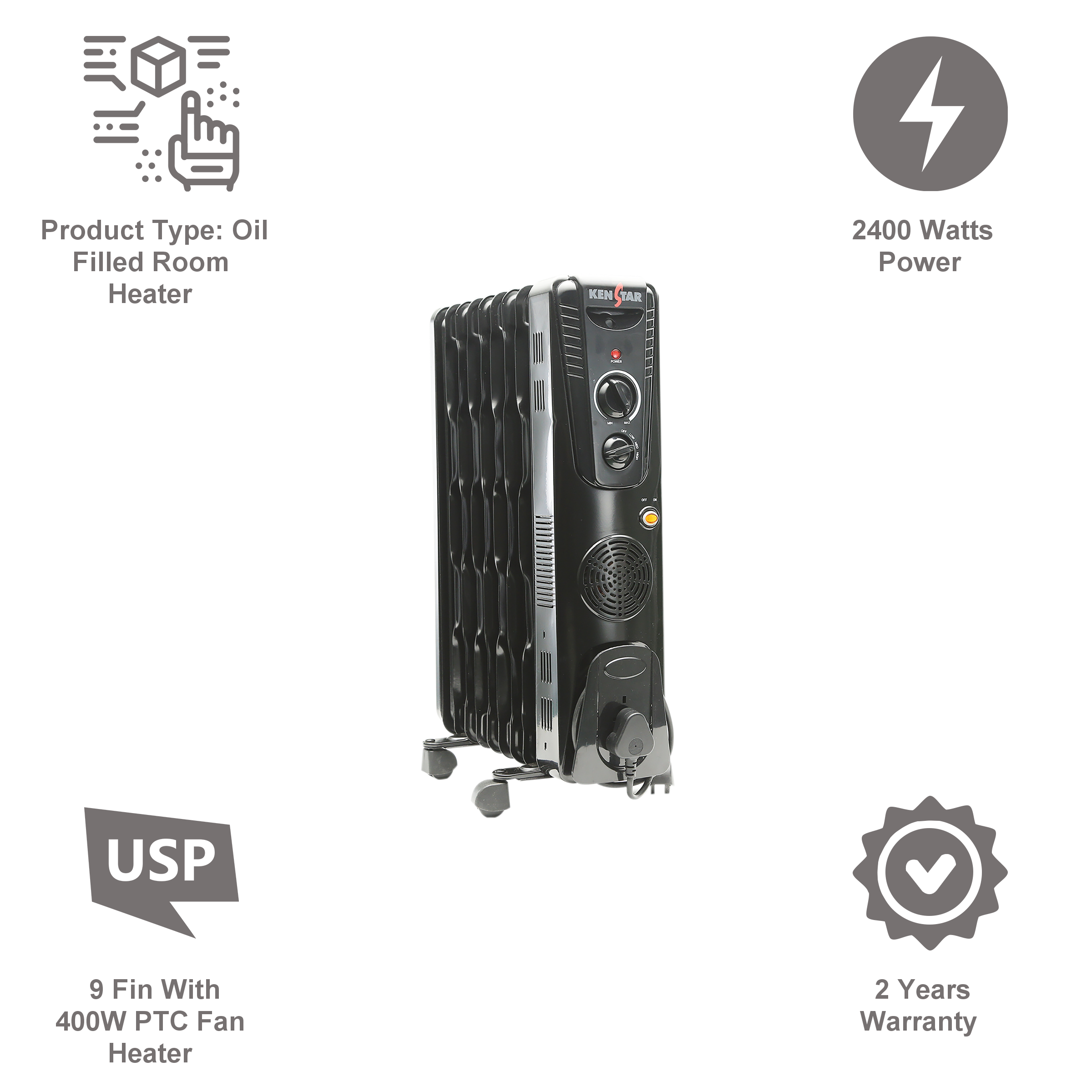 KENSTAR FERNO 9 2400 Watts PTC Oil Filled Room Heater (9 Fin, KORFER24MC09R0-SRG, Black)_5