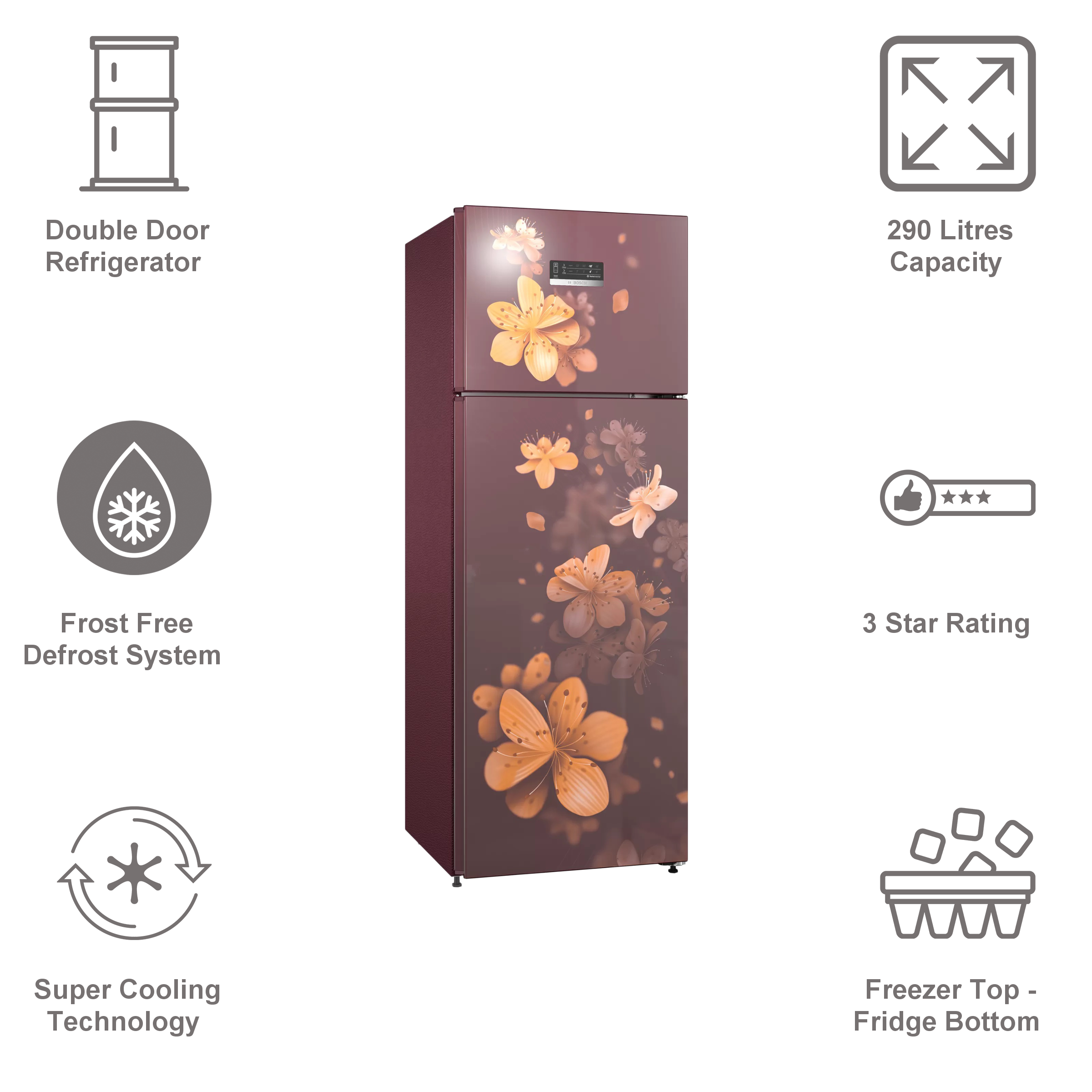 BOSCH Series 4 290 Litres 3 Star Frost Free Double Door Convertible Refrigerator with Temperature Display (CTC29W13NI, Acasia Wine)_11