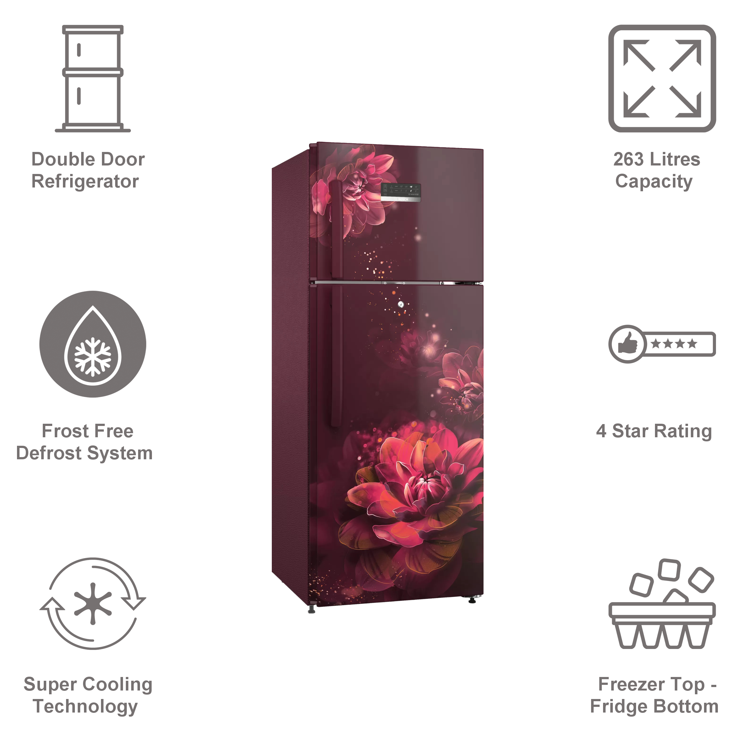 BOSCH Series 6 243 Litres 4 Star Frost Free Double Door Convertible Refrigerator with Temperature Display (CTC27W24EI, Sevian Wine)_10