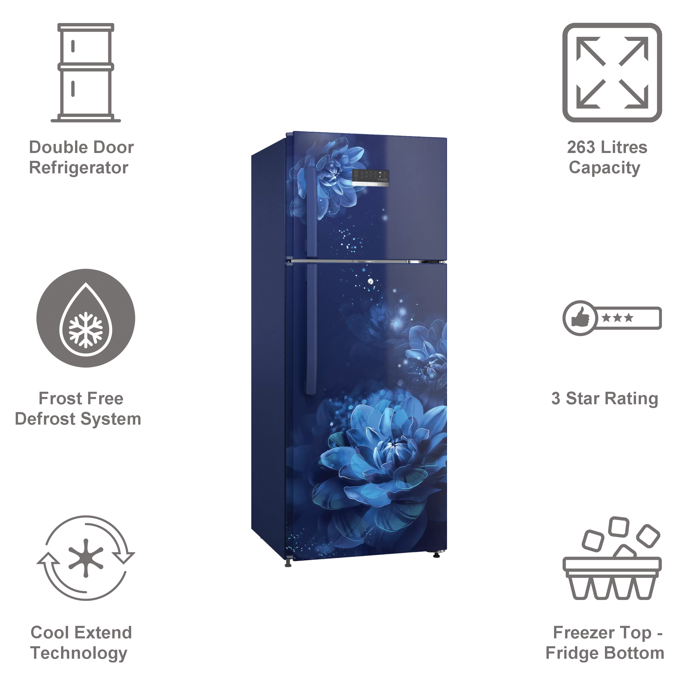 BOSCH Series 4 263 Litres 3 Star Frost Free Double Door Convertible Refrigerator with Temperature Display (CTC27B23EI, Sevian Blue)_8
