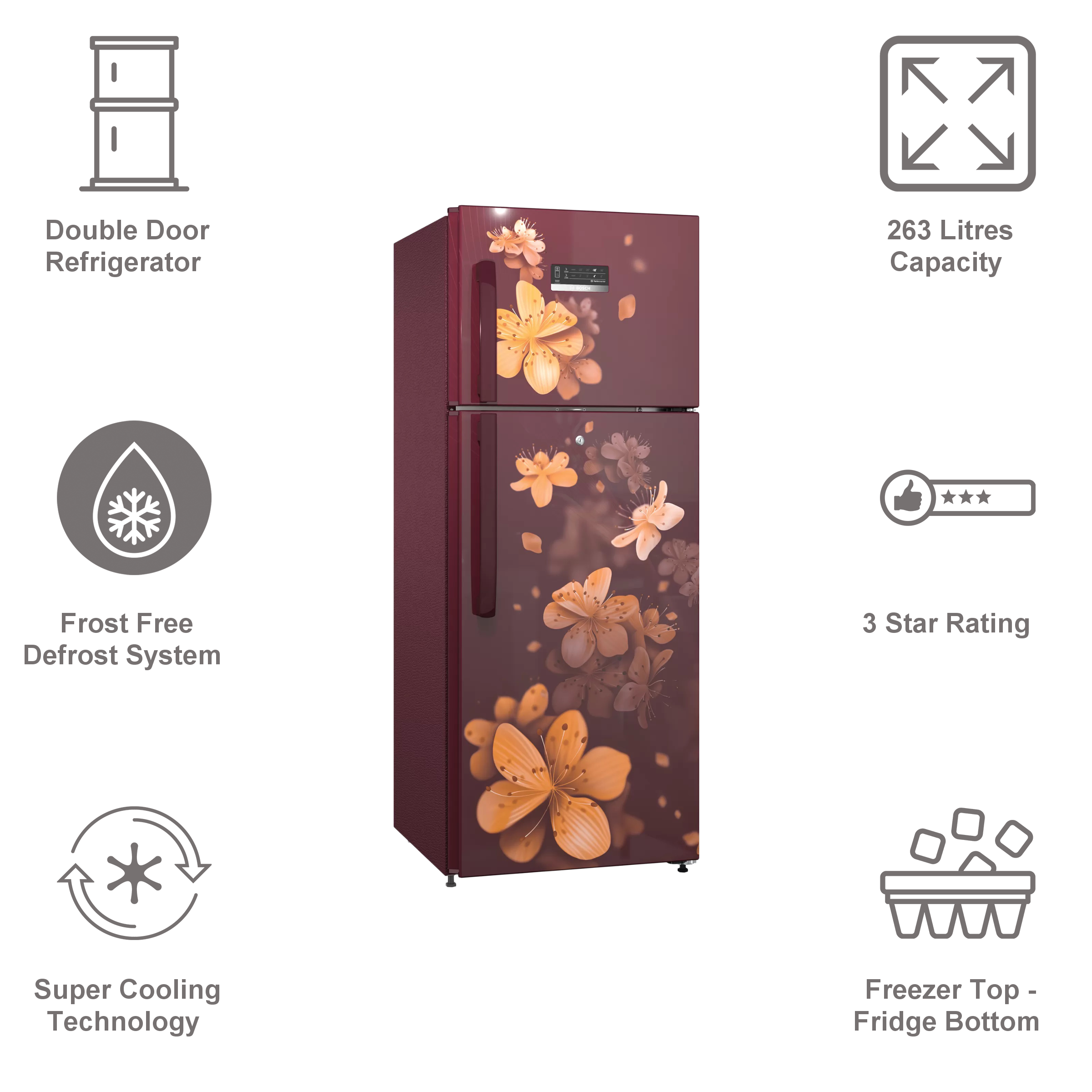 BOSCH Series 4 243 Litres 3 Star Frost Free Double Door Convertible Refrigerator with Temperature Display (CTC27W13EI, Acasia Wine)_10