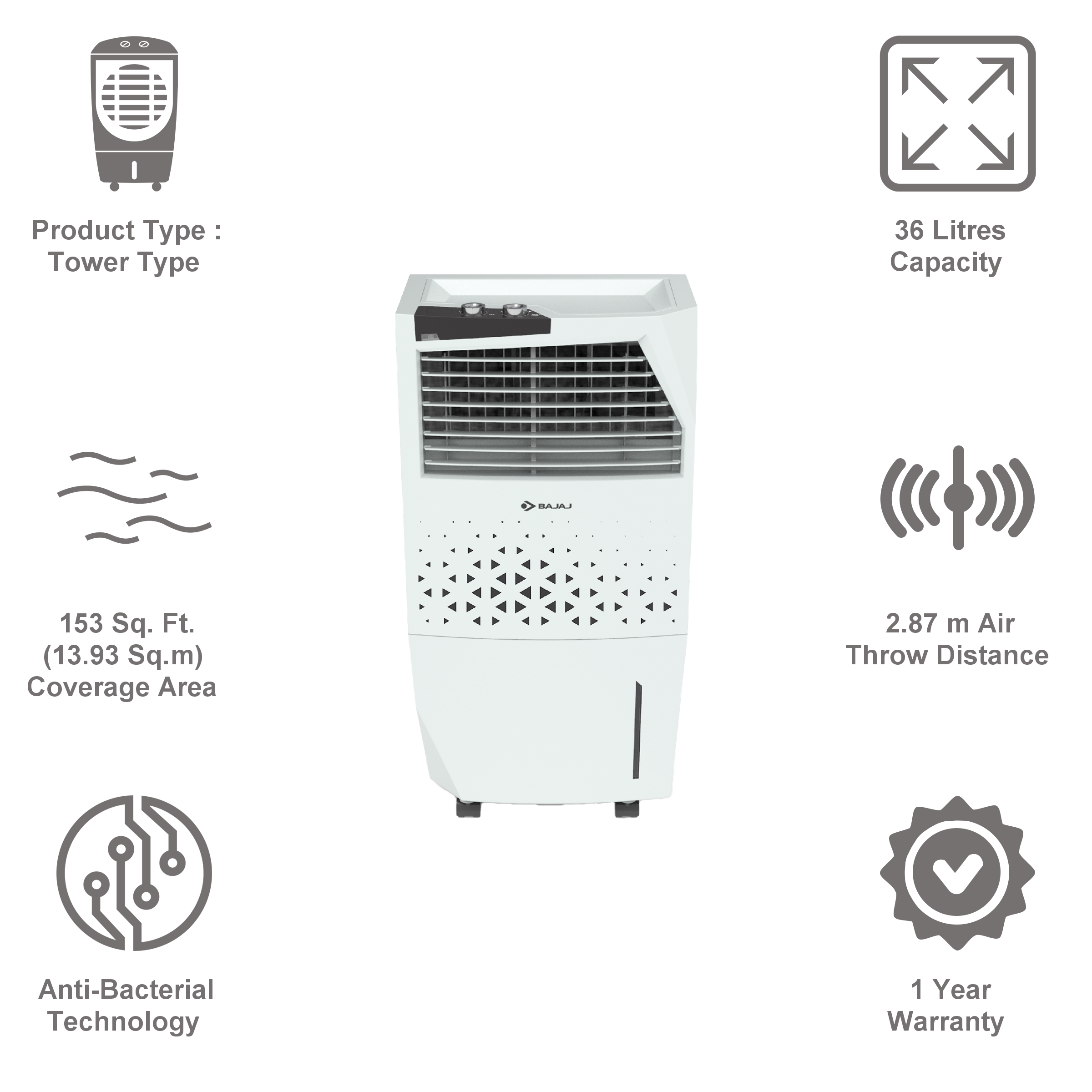 BAJAJ 36 Litres Tower Air Cooler (Anti-Bacterial Technology, TMH36 Skive, White) BAJAJ 36 Litres Tower Air Cooler (Anti-Bacterial Technology, TMH36 Skive, White)_12