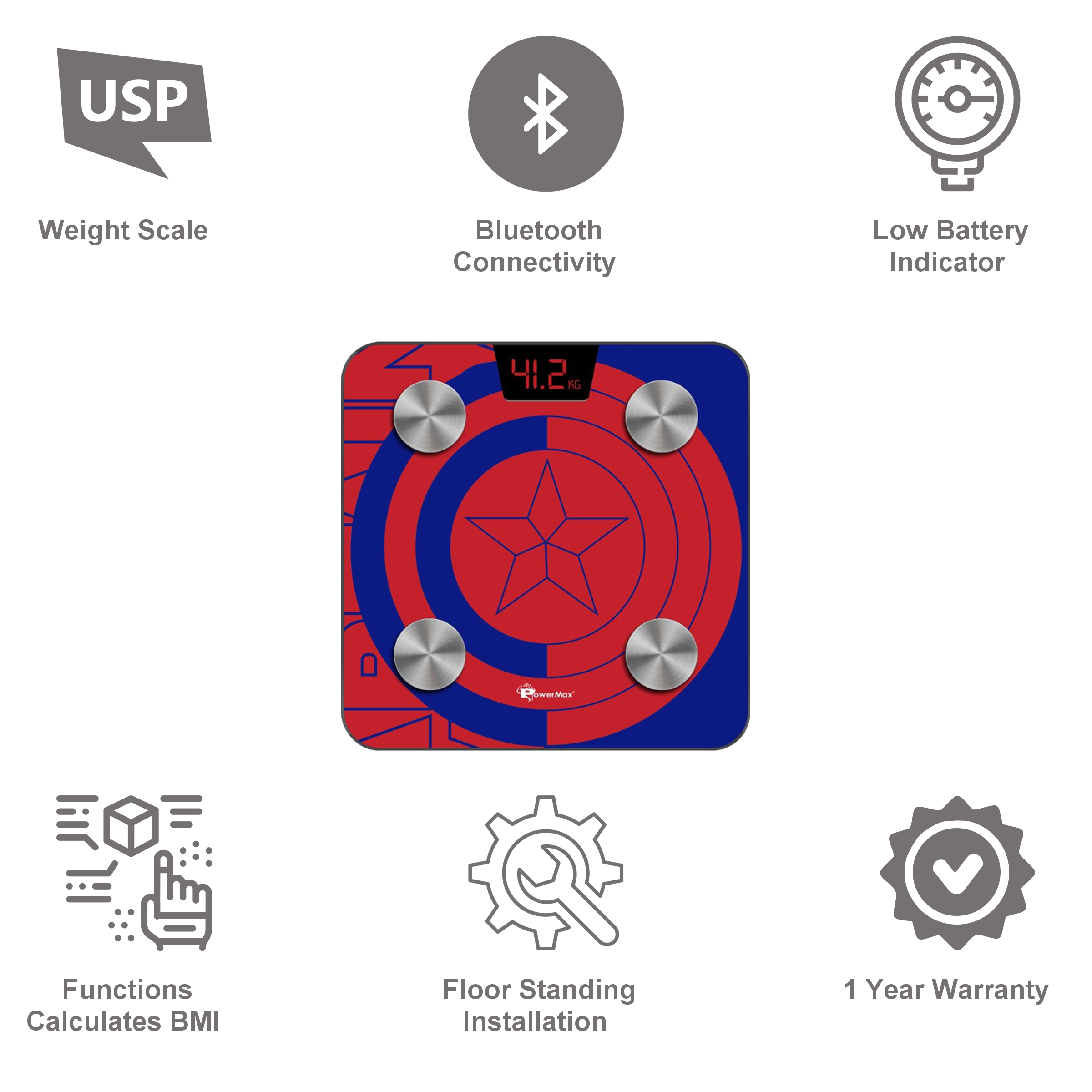 PowerMax Marvel Series Captain America Weight Scale (Bluetooth Connectivity, BCA-130-CA-BL, Blue)_4