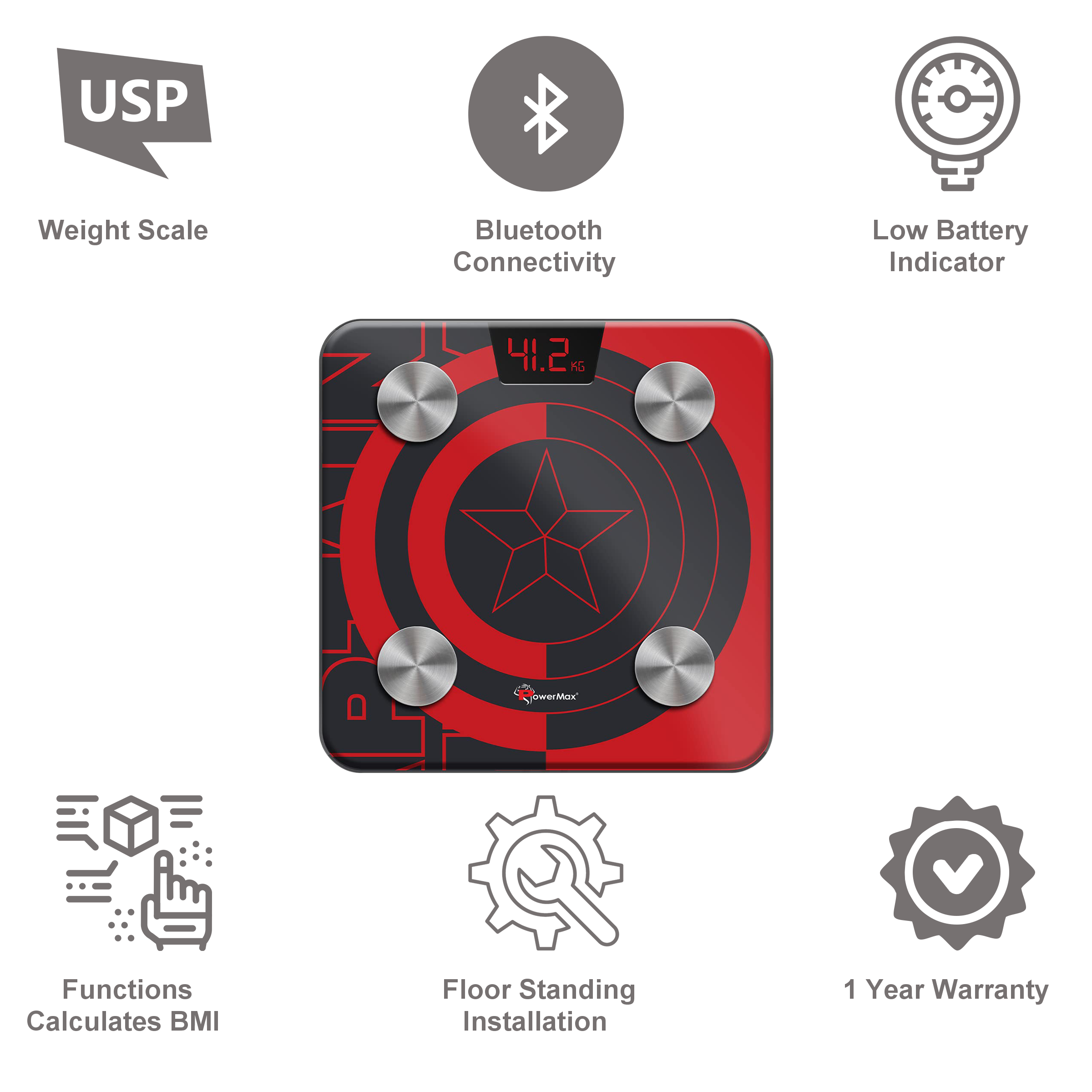 PowerMax Marvel Edition Captain America Weight Scale (Step-on Technology, BCA-130-CA-RD, Red)_7
