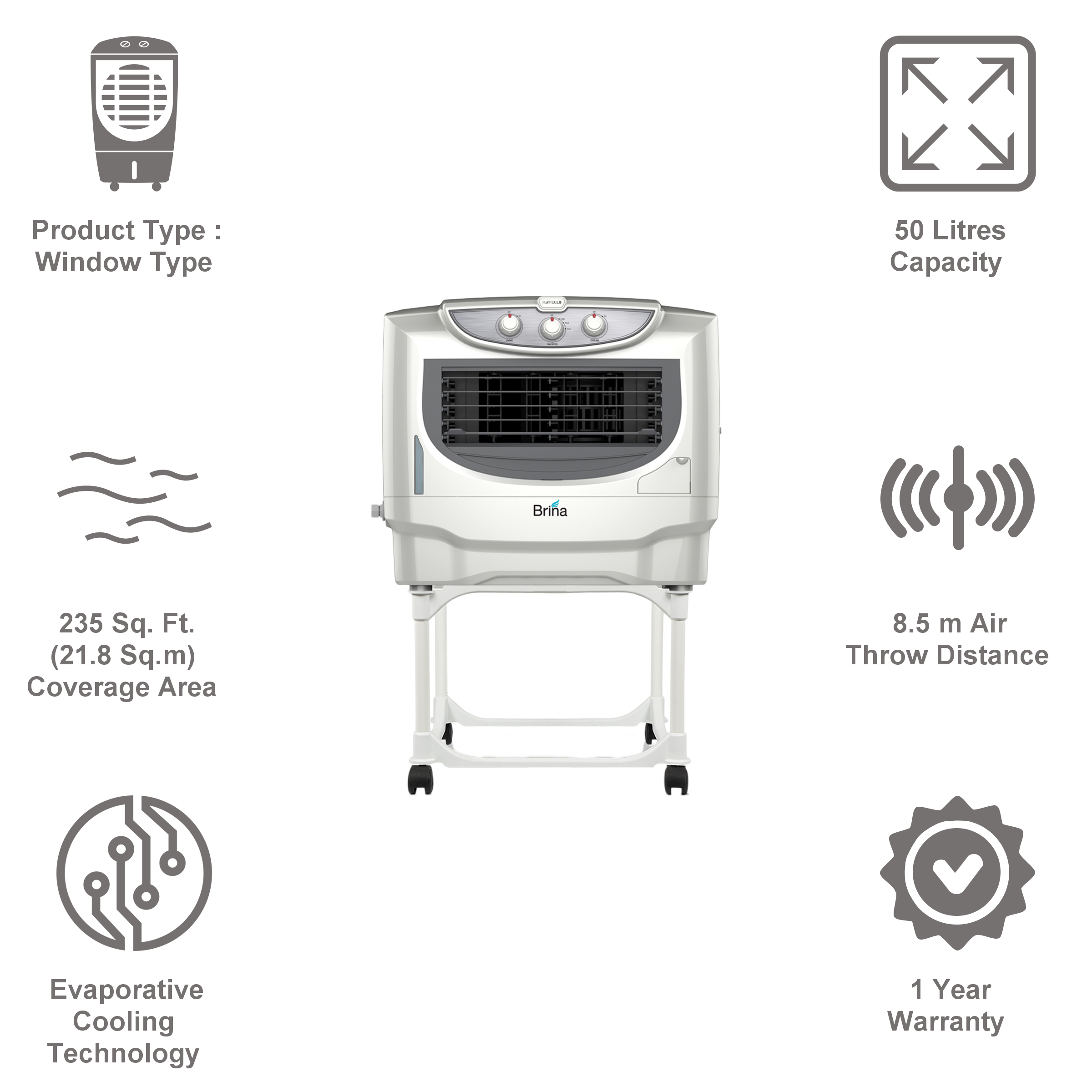 HAVELLS Brina 50 Litres Portable Air Cooler (Wood Wool Cooling Pads, GHRACBRE230, White/Grey)_5