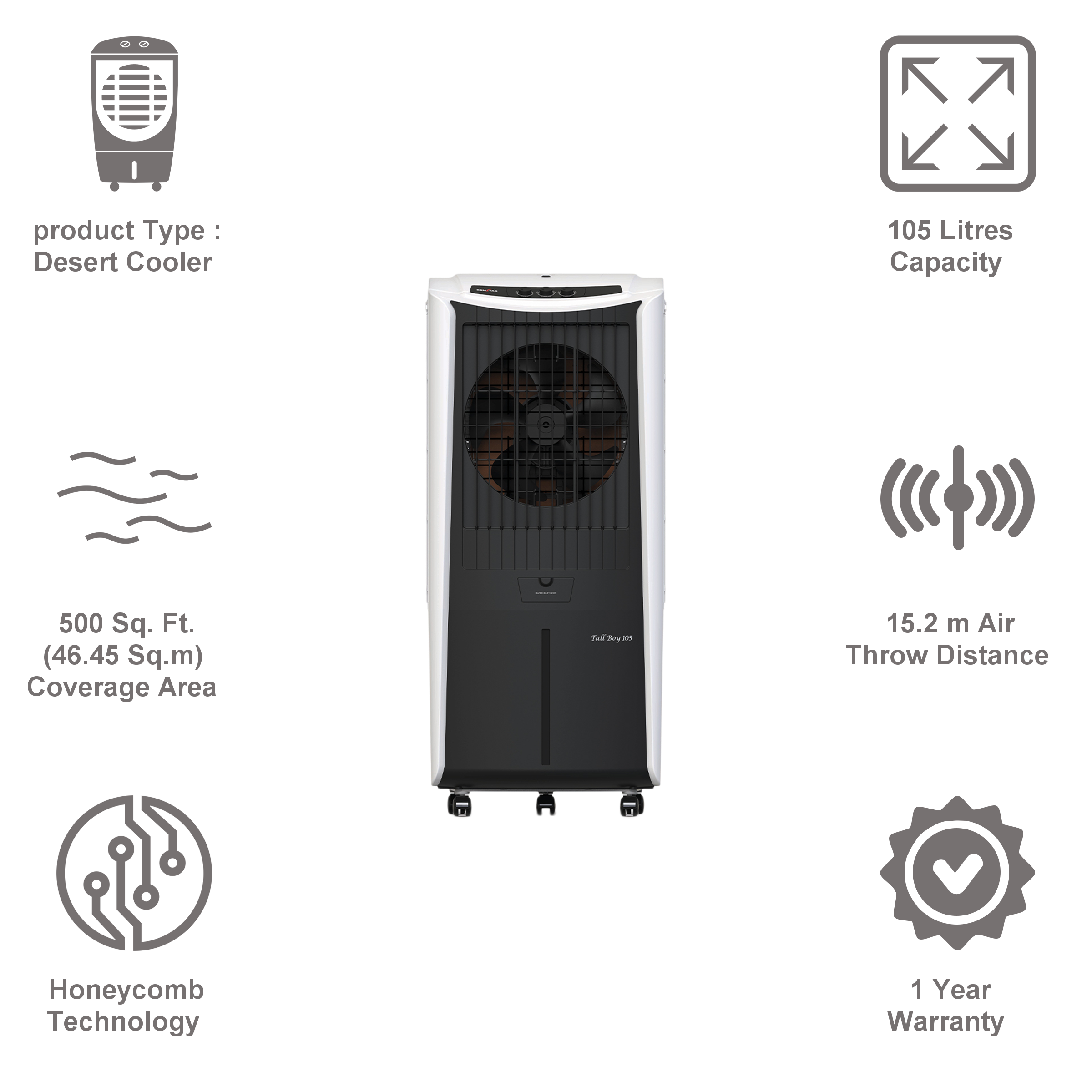 KENSTAR TALLBOY HC 105 Litres Desert Air Cooler (Honeycomb Cooling Technology, KCLTLBBK105FMH-ESV, Black & White)_10