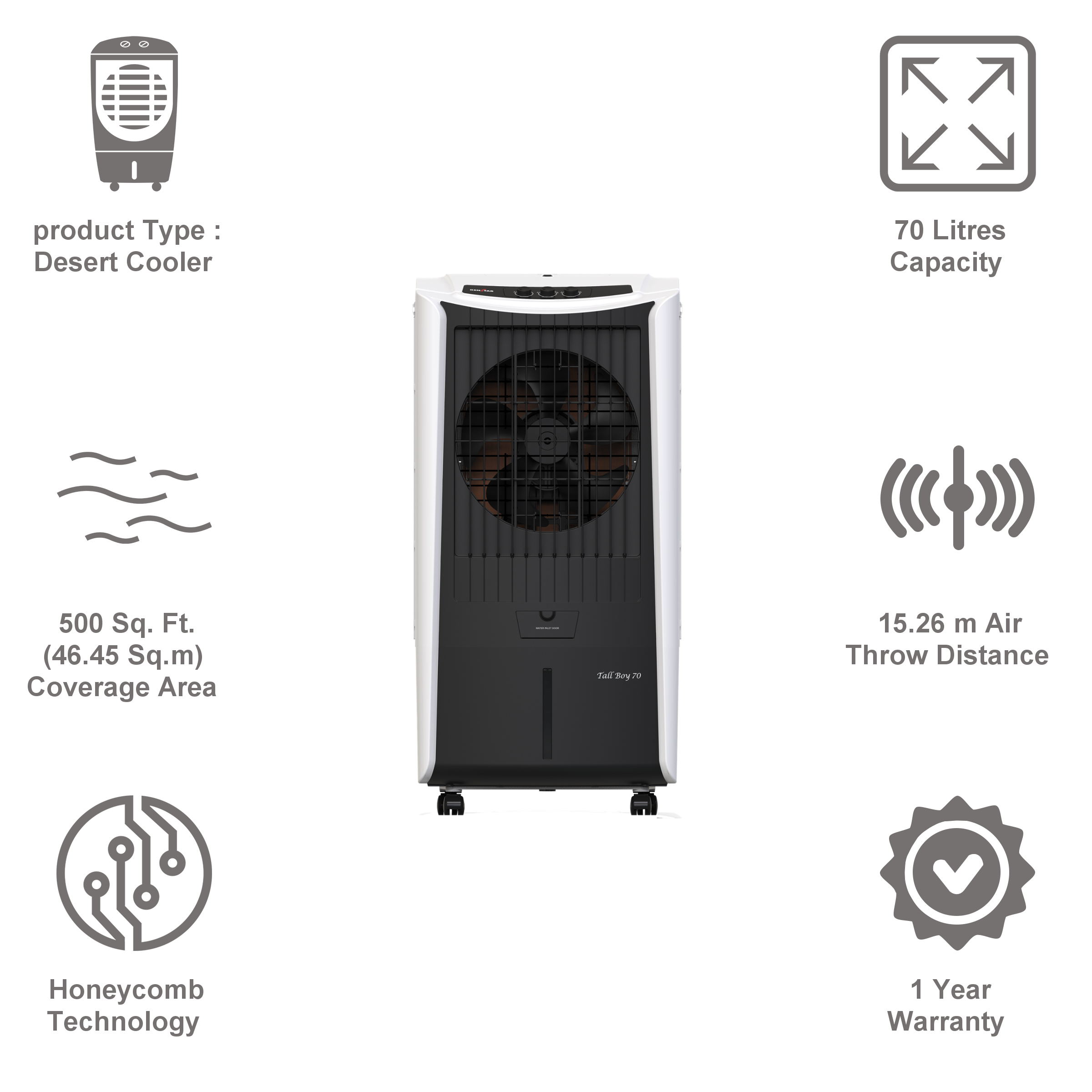 KENSTAR TALLBOY HC 70 Litres Desert Air Cooler (Honeycomb Cooling Technology, KCLTLBBK070FMH-ESV, Black & White)_6