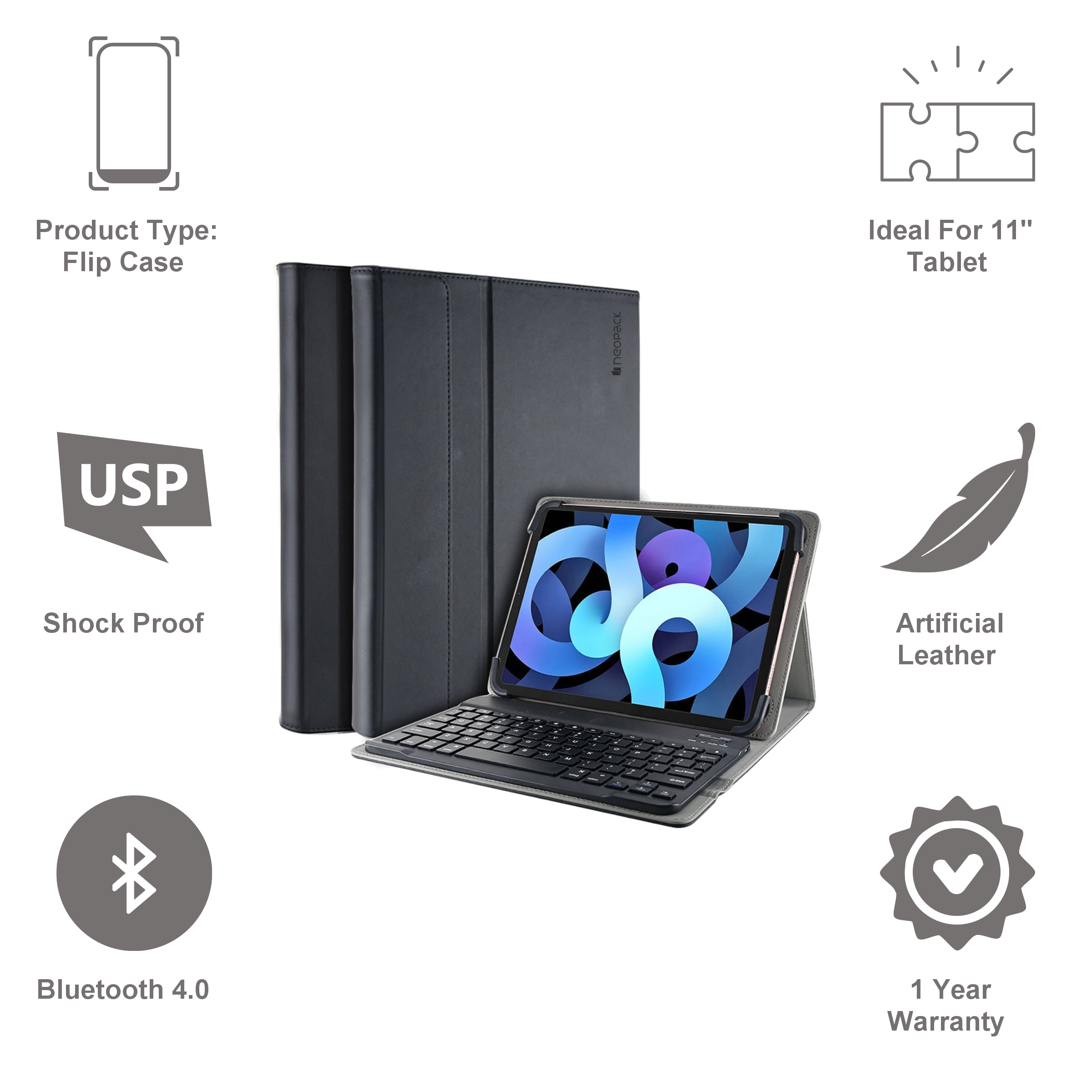 neopack Universal Artificial Leather Folio Case For 10 to 11 Inch Tablets (Shockproof, Black)_2