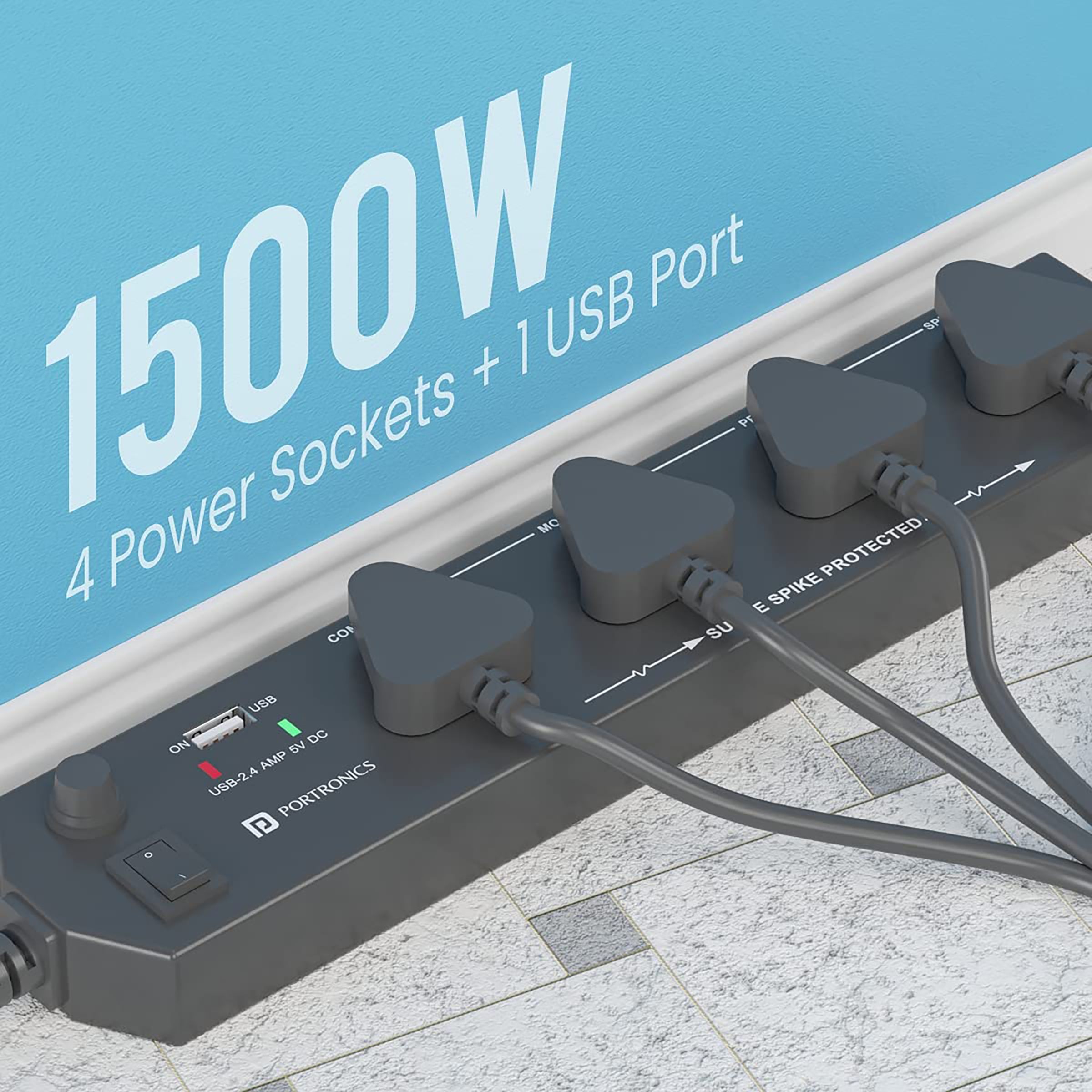 PORTRONICS POR 1291 6 Amps 4 Sockets Surge Protector (1.5 Meters, 2.4A USB Port, Power Plate 4, Black)_3