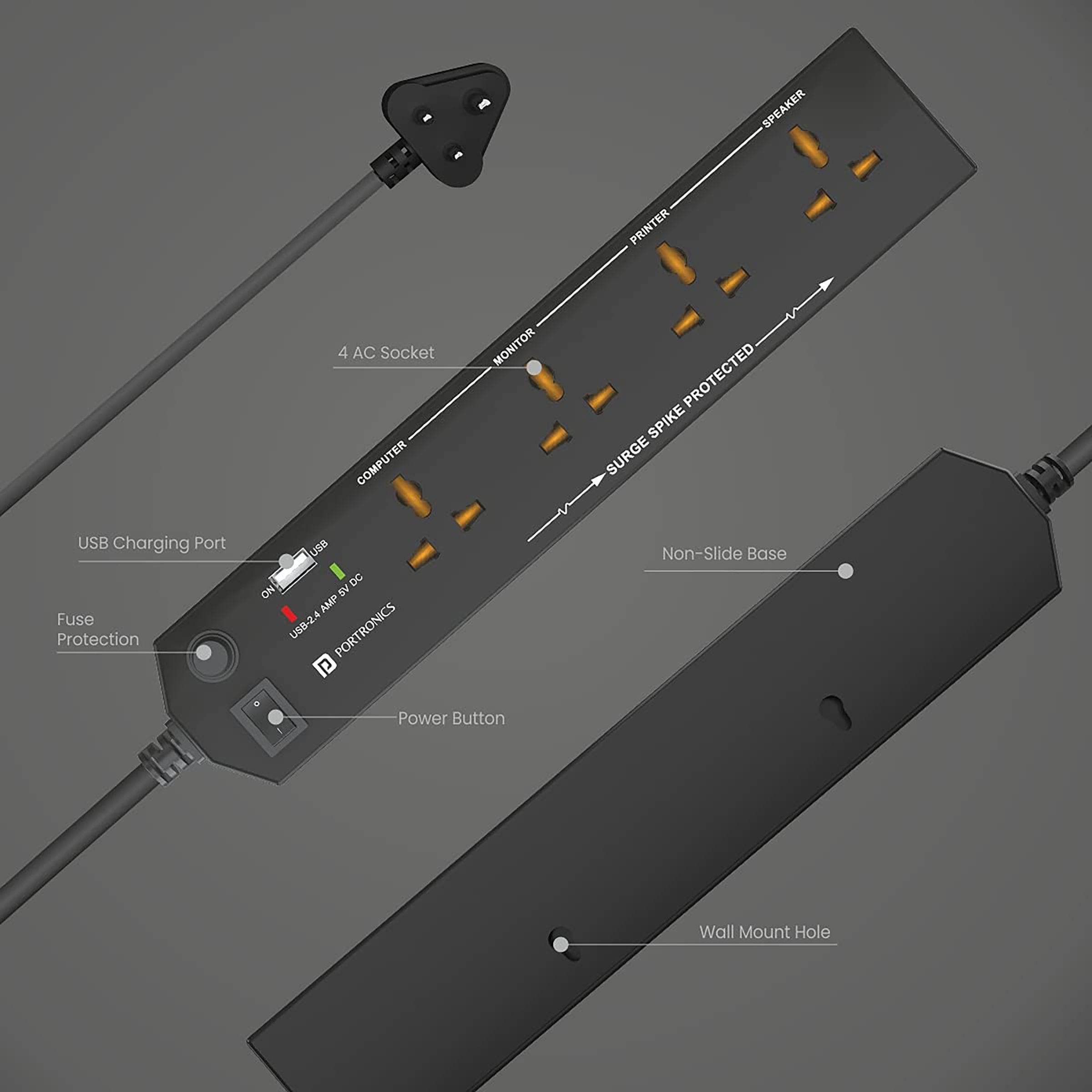 PORTRONICS POR 1291 6 Amps 4 Sockets Surge Protector (1.5 Meters, 2.4A USB Port, Power Plate 4, Black)_4